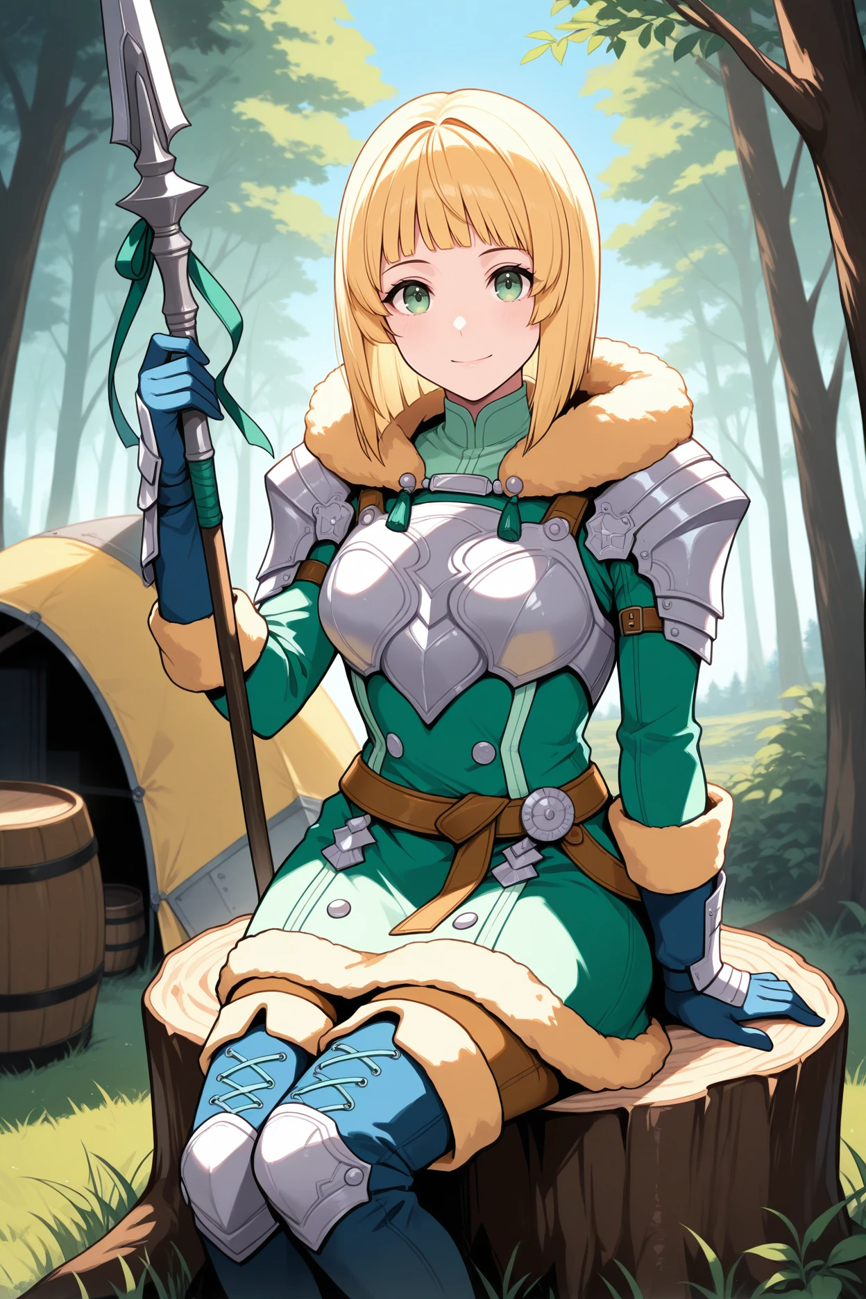 masterpiece, best quality, 1girl, solo, <lora:feingrid-illu-nvwls-v1-000005:1> 3hopesing, blonde hair, bob cut, medium hair, green eyes, blunt bangs, fur trim, shoulder armor, breastplate, green dress, belt, short dress, long sleeves, brown pants, aqua thigh boots, blue gloves, looking at viewer, sitting on tree stump, barrel, tent, blue sky, field, alpine forest, holding spear, light smile