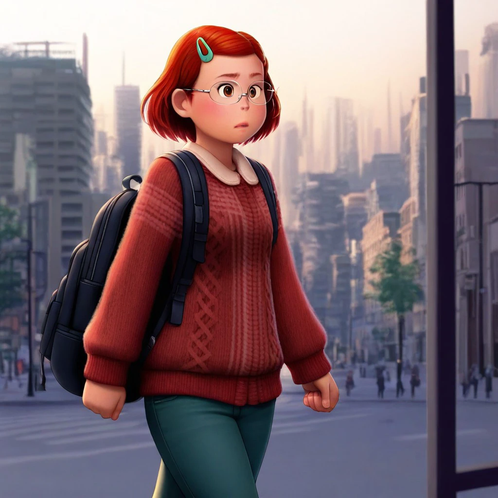 best quality, masterpiece, break, solo, mei_tr, red hair, short hair, hairclip, glasses, brown eyes, sweater, pants, backpack, walking, city, natural lighting