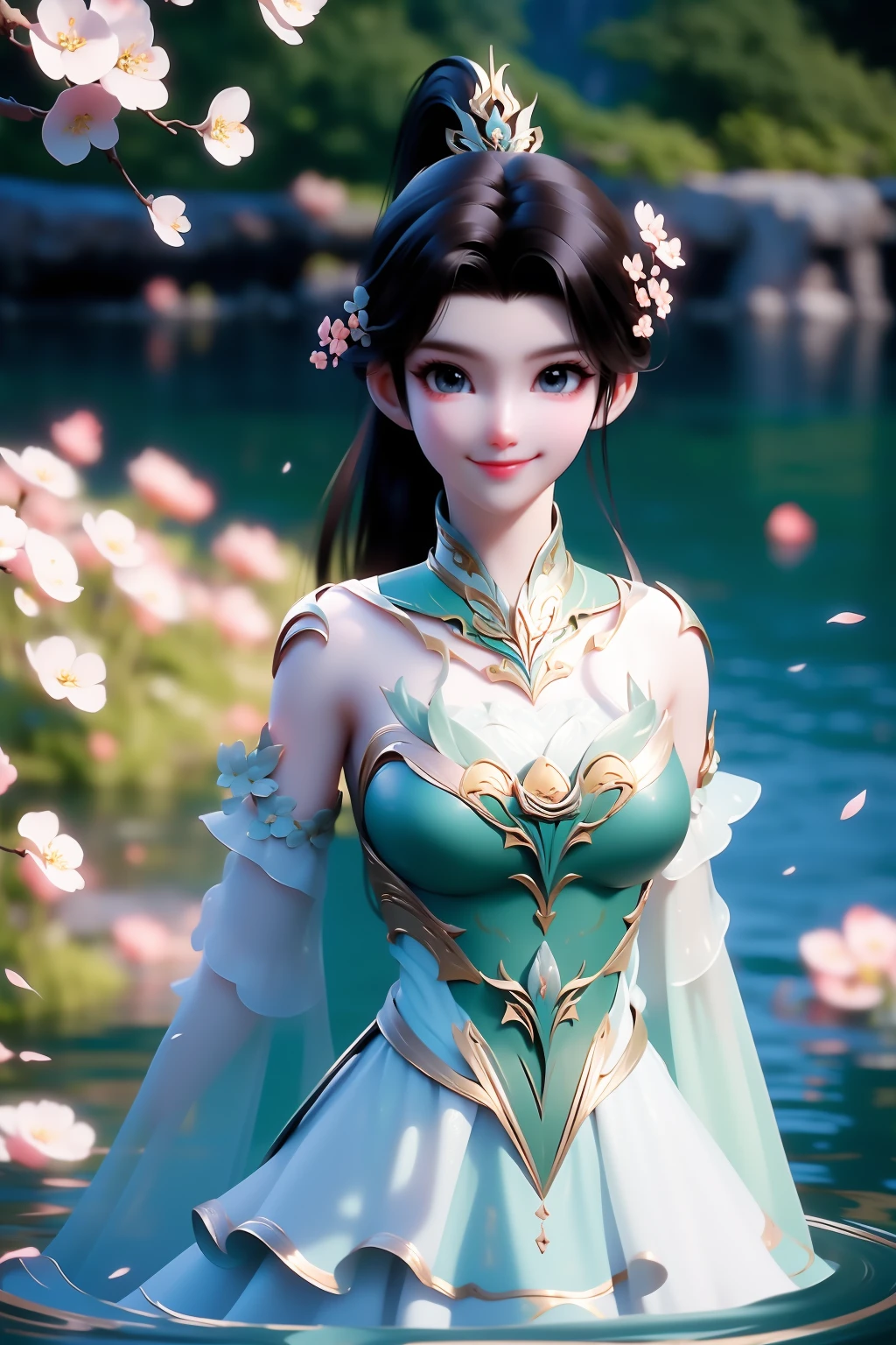 (medium shot),1girl,solo,closed mouth,light smile,(ponytail),hair ornament,jewelry,detached collar,clothing cutout,green dress,arms behind back,(looking at viewer),outdoors,nature,(water,lake,petals on liquid),(peach blossom:1.2,falling petals:1.3),depth of field,Highly detailed,(best quality:1.5,masterpiece:1.5),<lora:xiaoxuner:0.85>,xuner,