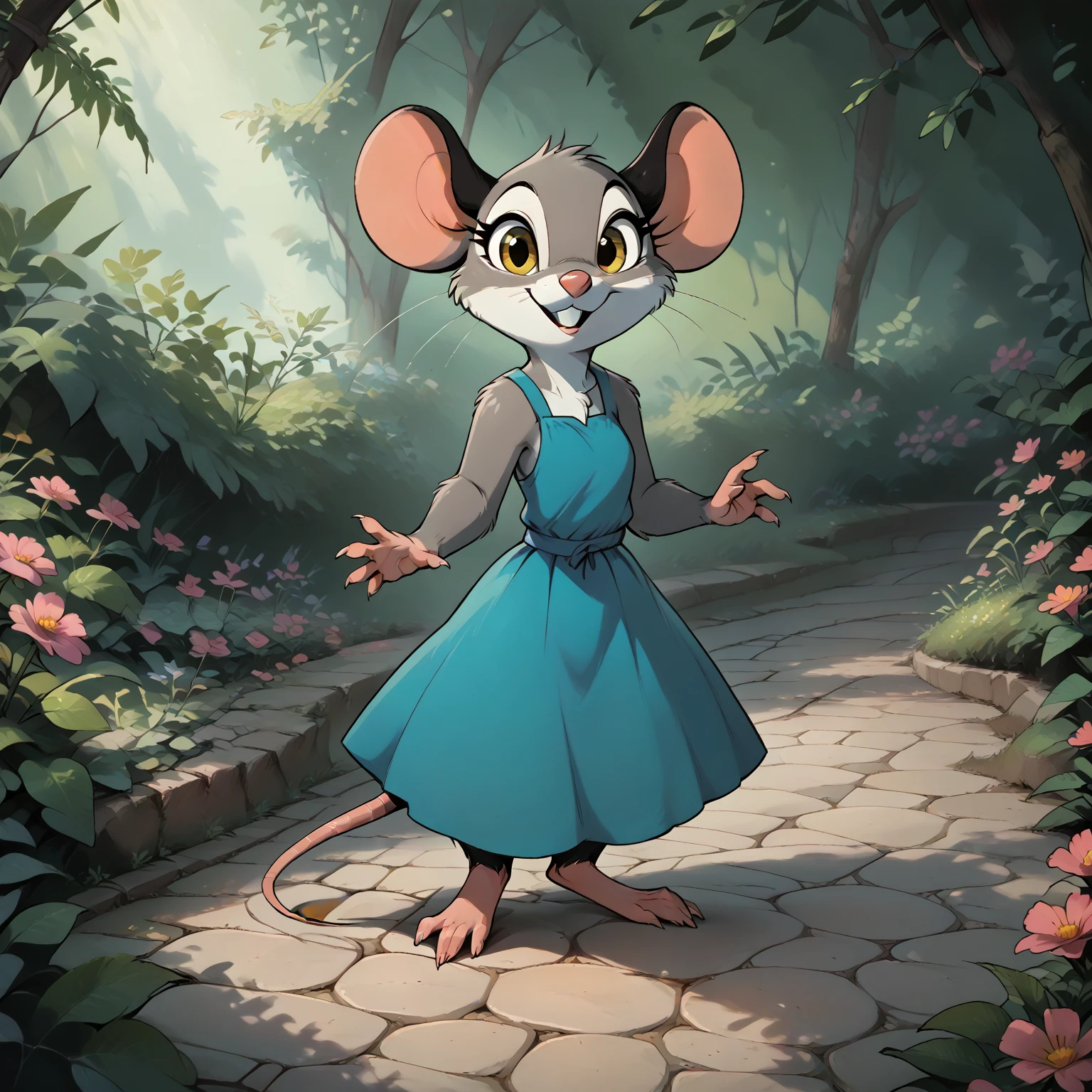source_9, Source_8_up, Source_7_up, Source_6_up, cartoon animation, 1mouse, solo, anthropomorphic mouse character standing on a winding stone path, a smile on her face, in a forest with lush greenery and vibrant flowers, day, dappled light, vibrant colors, <lora:Animated_Cartoon:0.75> 4n1m4710n_c4rt00n,, <lora:pony_pony_2_adamW:0.6>