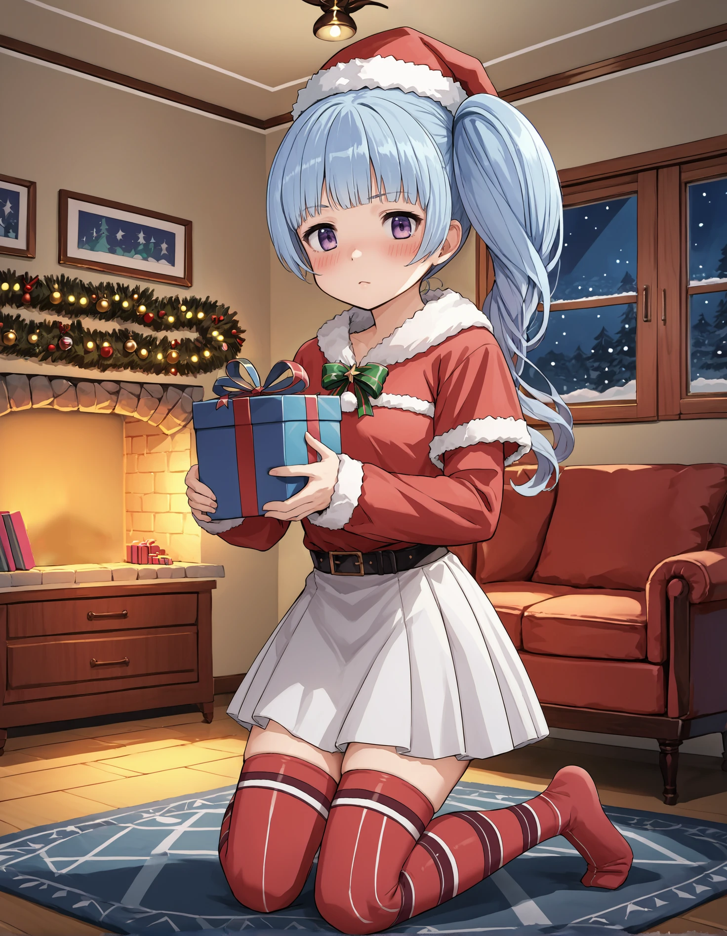 score_9, score_8_up, source_anime, 1girl, full body, detailed, mgrckumiseika, light blue hair, side ponytail, purple eyes, santa hat, santa coat, red t-shirt, white skirt, red striped thighhighs, blush, kneeling, holding gift, indoors, room, night, <lora:mgrckumiseika_XL:1>