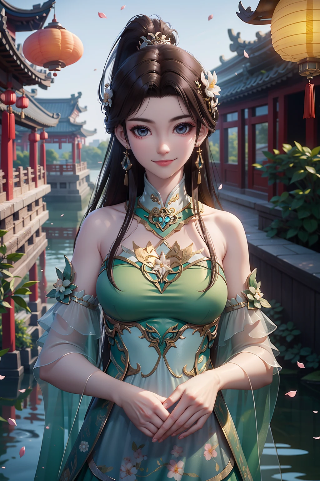 (upper body),1girl,solo,closed mouth,light smile,(ponytail),earrings,hair ornament,jewelry,detached collar,clothing cutout,green dress,(looking at viewer),outdoors,nature,(china building:1.3,china courtyard and river,lantern:1.3),(peach blossom:1.2,falling petals:1.3),depth of field,Highly detailed,(best quality:1.5,masterpiece:1.5),<lora:xiaoxuner:0.85>,xuner,