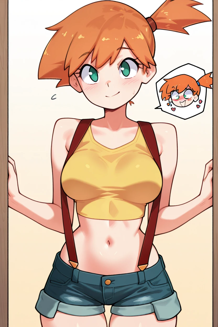 masterpiece, best quality, medium breasts, (curvy),  ,,, BREAK, zzMisty, green eyes, orange hair, short hair, side ponytail, shorts, suspenders, midriff, yellow crop top, navel, denim shorts, <lora:MistyPokemonIXL:1.0>,BREAK,  smile, looking at viewer, cowboy shot,    ,<lora:TobiaswhellerIXL:1.0>,