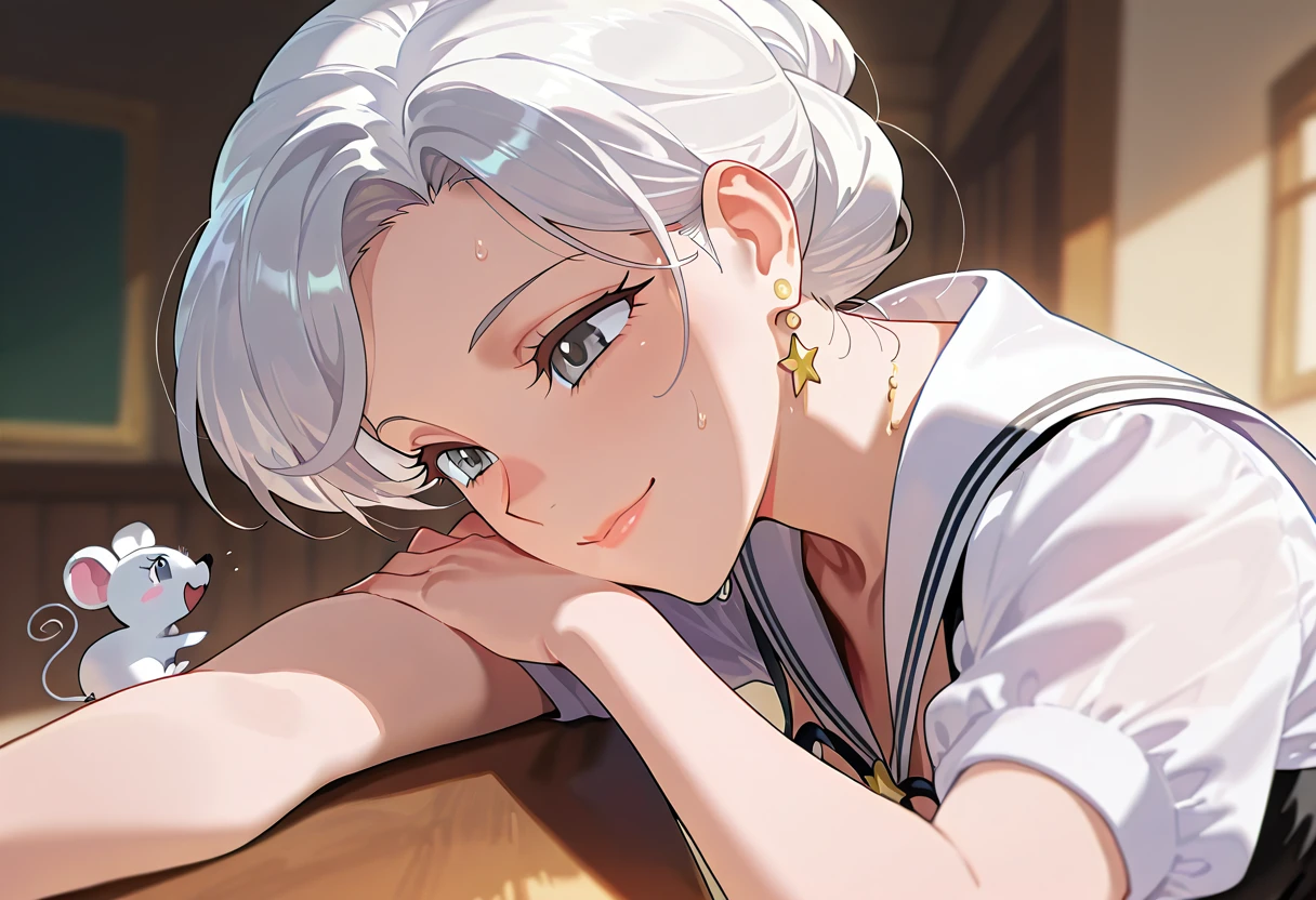 1girl,mature woman, smile, <lora:SailorIronMouse_Illustrious:1>, sailor_iron_mouse, white hair, grey eyes, expressive fight scepe, epic fight, from side,, masterpiece,best quality,absurdres, amazing quality,