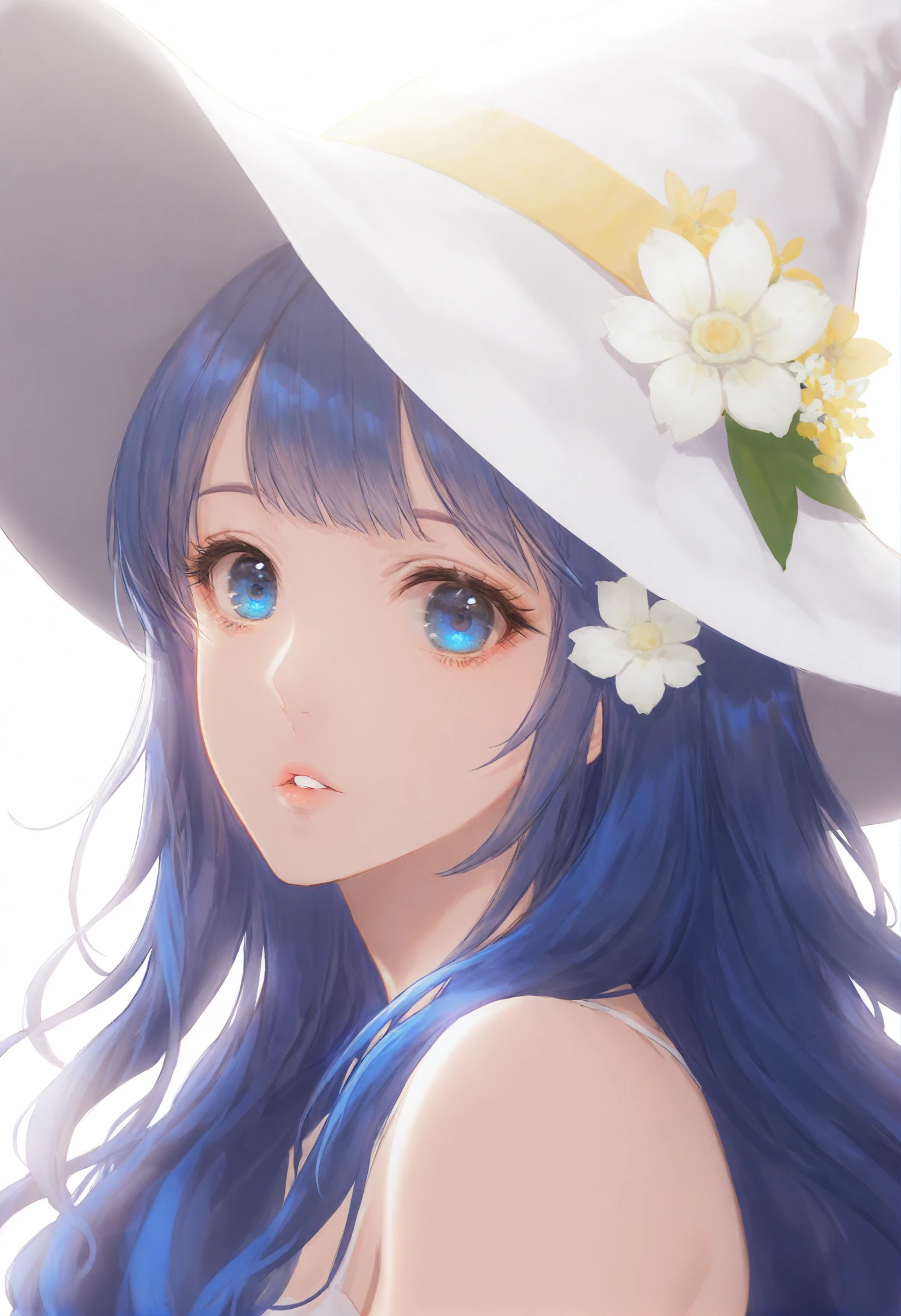 1girl, solo, flower, hair flower, hair ornament, hat, looking at viewer, long hair, parted lips, blue eyes, portrait, sun hat, witch hat, lips, bare shoulders, white flower 
,best quality,very aesthetic,absurdres
 <lora:æè±lokr_for_illustrious-000145:0.95>