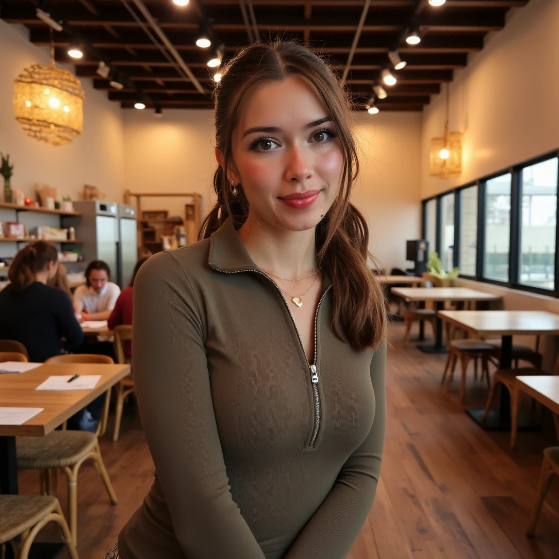 (A cinematic shot of <lora:Kailey_Mae:1> a young woman with a light to medium skin tone. a stunning female model, messy ponytail hair, makeup and mascara. She is wearing a form fitting quarter zip jacket, standing in cafe looking at the viewer)