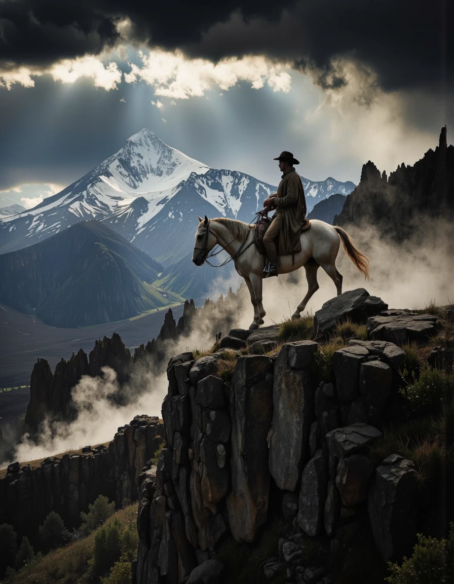 Epic shot of San Martin on his horse crossing the Andes mountain range, epic extreme long shot, dark mood and strong backlighting, volumetric lights, smoke volutes. <lora:Dark_side_of_light:0.55>