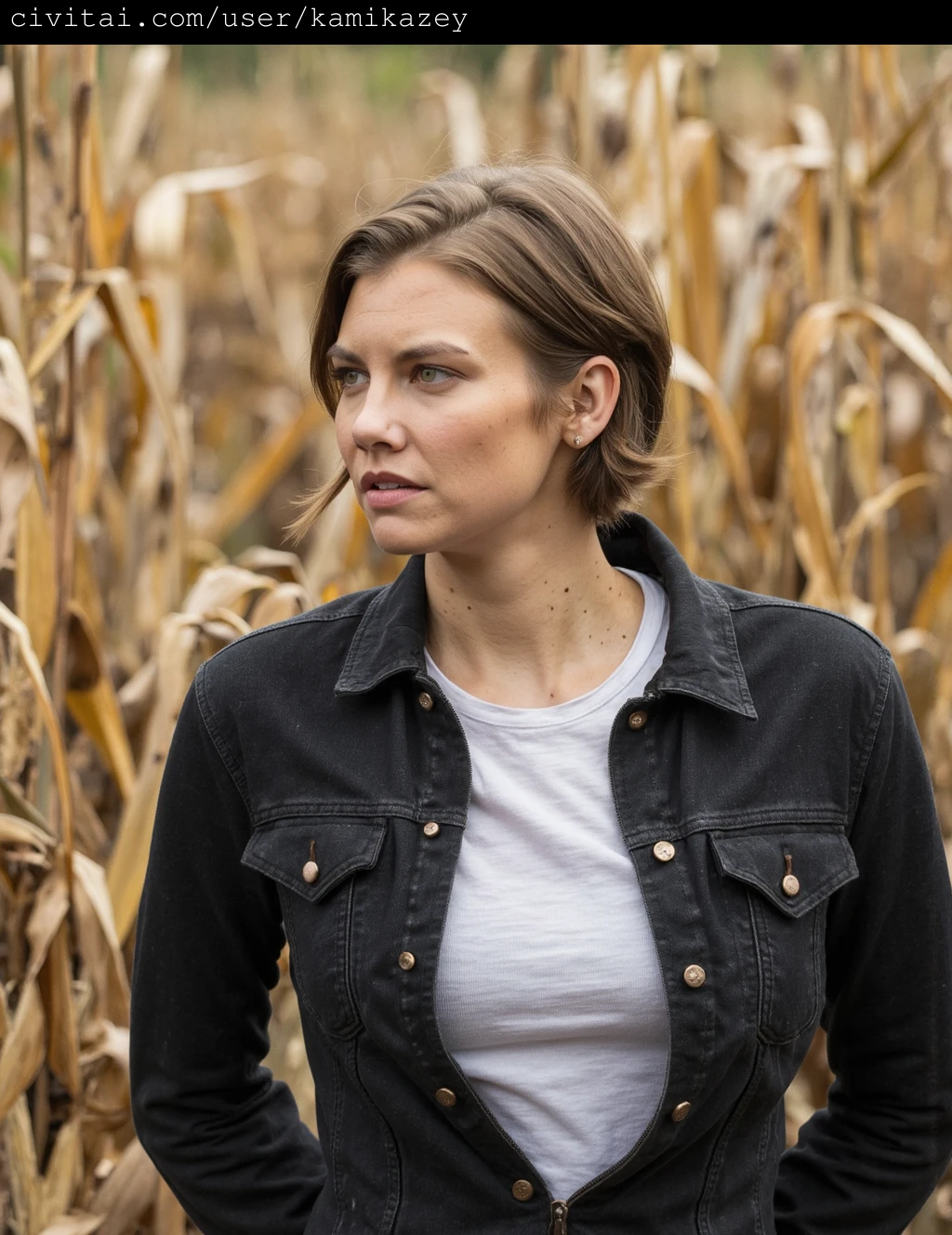 This photograph captures lauren_cohan standing amidst a field of dry, golden-brown cornstalks, with a blurred background that enhances the focus on her. The setting suggests late autumn or early winter, indicated by the withered state of the corn. lauren_cohan has fair skin, light brown hair with subtle blond highlights, and a soft, slightly tousled style. Her facial features are sharp and defined, with a hint of a pouty expression. She wears a black denim jacket over a white t-shirt, the jacket's collar slightly turned up, giving her a casual yet somewhat rebellious look. The texture of the jacket is rough and textured, contrasting with the smoothness of her skin and the softness of her hair. The background consists of the dried cornstalks, which are brittle and dry, with a golden-yellow hue due to the fading of the corn's natural color. The overall scene is one of quiet introspection and natural beauty, with a hint of melancholy due to the season and the withered state of the corn. A high-resolution digital image, likely taken with a professional camera, emphasizing natural lighting and the subjectâs expression.