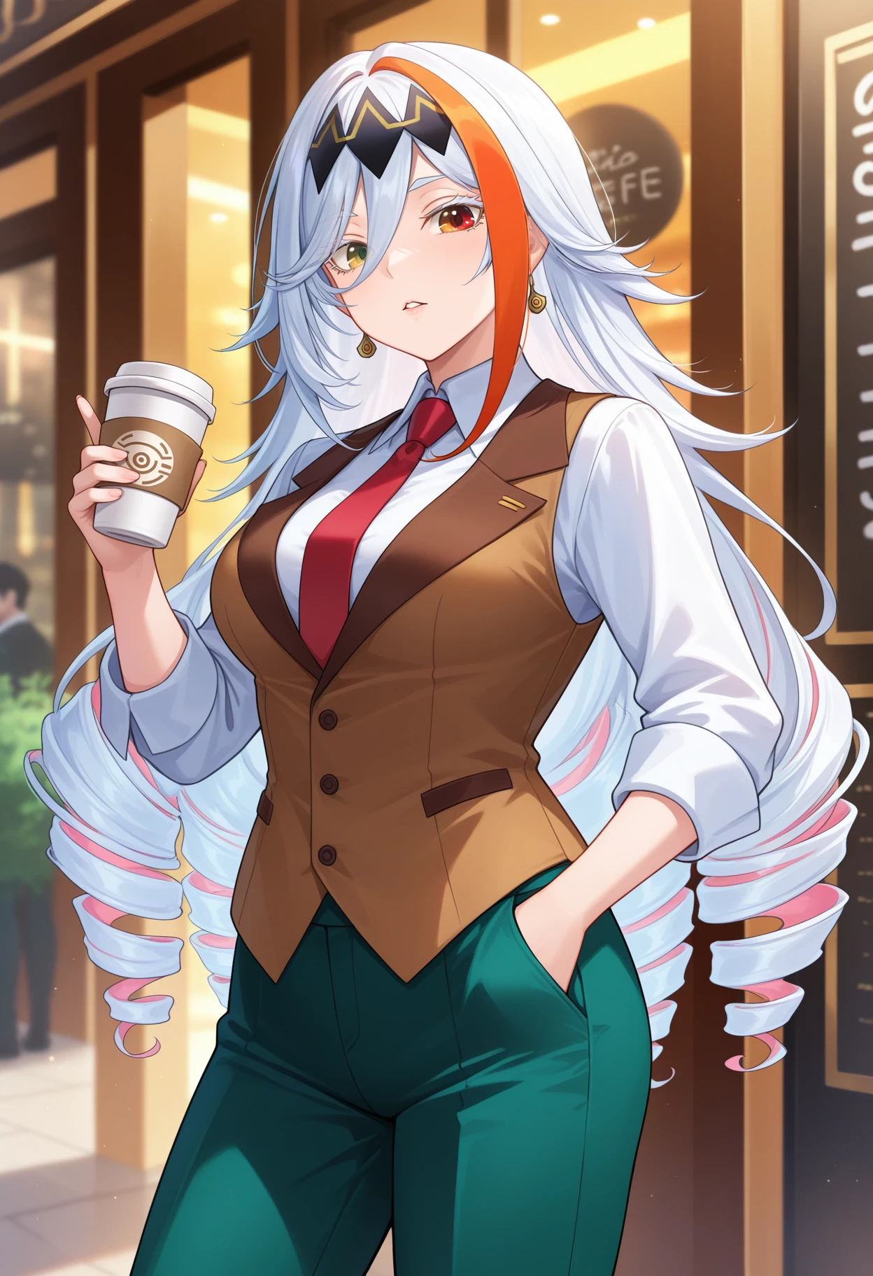 1girl, <lora:BaldrFehIL:1> baldrFeh.
an illustration of a girl walking. she is stylish. she is outdoors.
long hair, drill hair, white hair, streaked hair, heterochromia, black headpiece, earrings, parted lips, 
brown vest, white shirt, red tie, green pants, hand in pocket, holding disposable coffee cup, 
cowboy shot, walking,
masterpiece, perfect quality, best quality, absolutely eye-catching