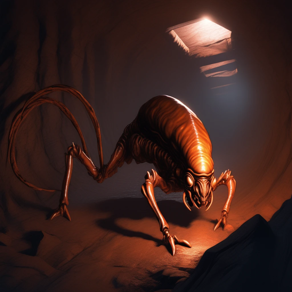 Alien-themed rust monster, prowling through an underground mine, glowing veins of metal in the walls, narrow passageways, low-angle shot, dim torchlight, ominous shadows, claustrophobic atmosphere, photorealistic detail <lora:Rust monster - sdxl1.0:1> . Extraterrestrial, cosmic, otherworldly, mysterious, sci-fi, highly detailed