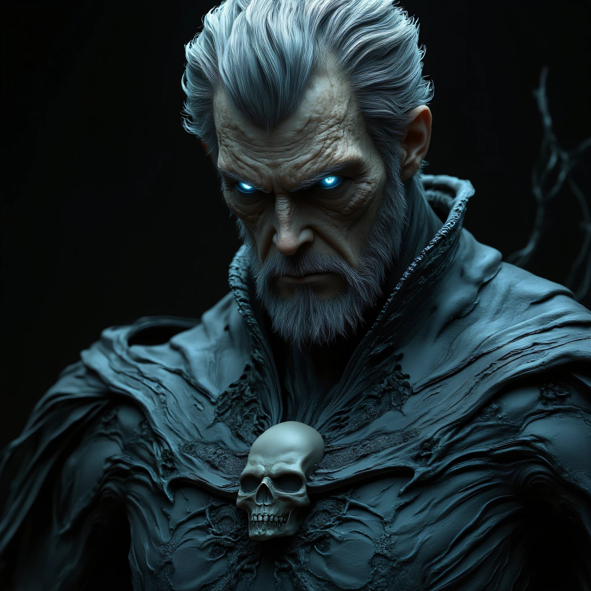 ArsMJStyle, Eldritch Sci-Fi, The image shows an animated man wearing a black costume with a skull on his chest set against a dark background. He appears to be a character from the game Dark Souls III: The Ringed City., 1boy, male focus, solo, facial hair, armor, beard, glowing, blue eyes, glowing eyes, looking at viewer