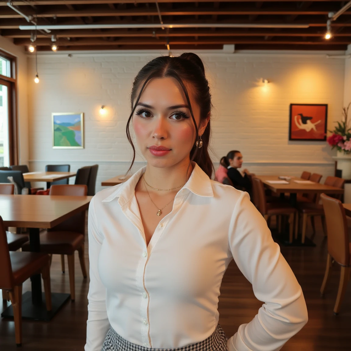 (A cinematic shot of <lora:Kailey_Mae:1> a young woman with a light to medium skin tone. a stunning female model, updo ponytail hair, makeup and mascara. She is wearing a button-up white shirt and a skirt, standing in cafe looking at the viewer)