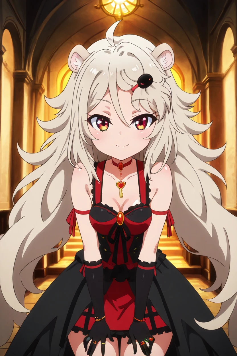 masterpiece, best quality, solo, curvy, beautiful eyes,zzAilane, red eyes, ahoge, blonde hair, grey hair, hair ornament, hairclip, long hair, hair between eyes, animal ears, animal ear fluff,  dress, ribbon, bare shoulders, jewelry, frills, choker, black gloves, elbow gloves, necklace, ring, cross, lion ears,  <lora:Ailane_ShowByRock_IXL:1.0>, , cowboy shot, leaning forward, smile, looking at viewer, shiny skin,