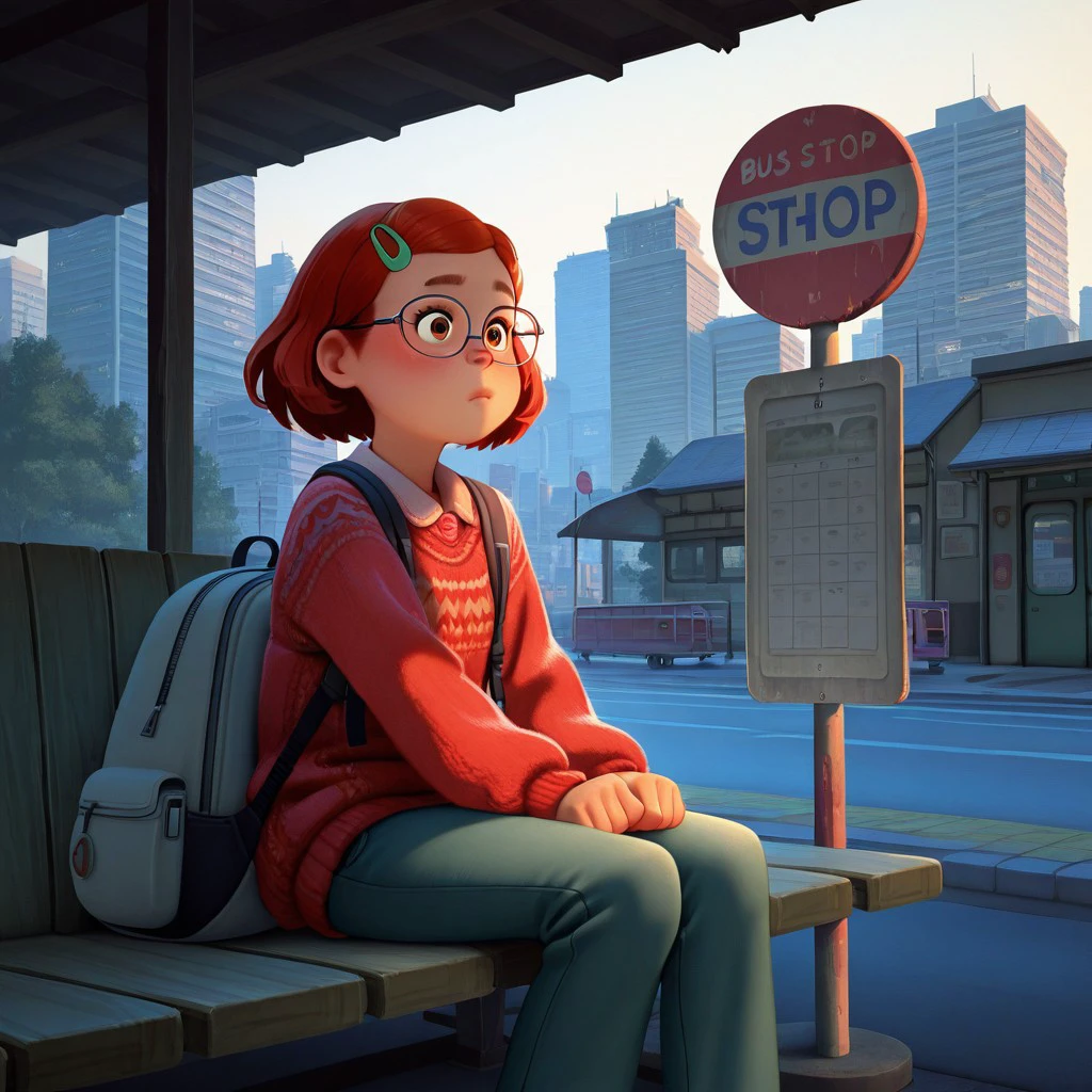 best quality, masterpiece, pixar style, break, solo, mei_tr, red hair, short hair, hairclip, glasses, brown eyes, sweater, pants, backpack, sitting, bus stop, city, natural lighting