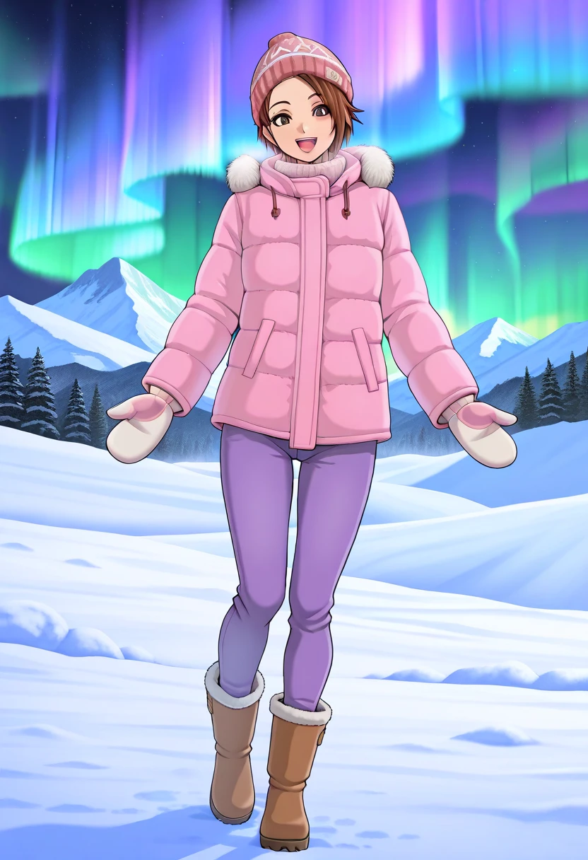 masterpiece,best quality,amazing quality,1girl,akarih1080, <lora:AkariH1080IL:0.82>,short hair,brown hair,brown eyes, (solo:1.3),pink jacket,purple pants,winter clothes,beanie,boots,mittens,standing,full body,snowy mountain,night,facing viewer,aurora borealis,happy,:d