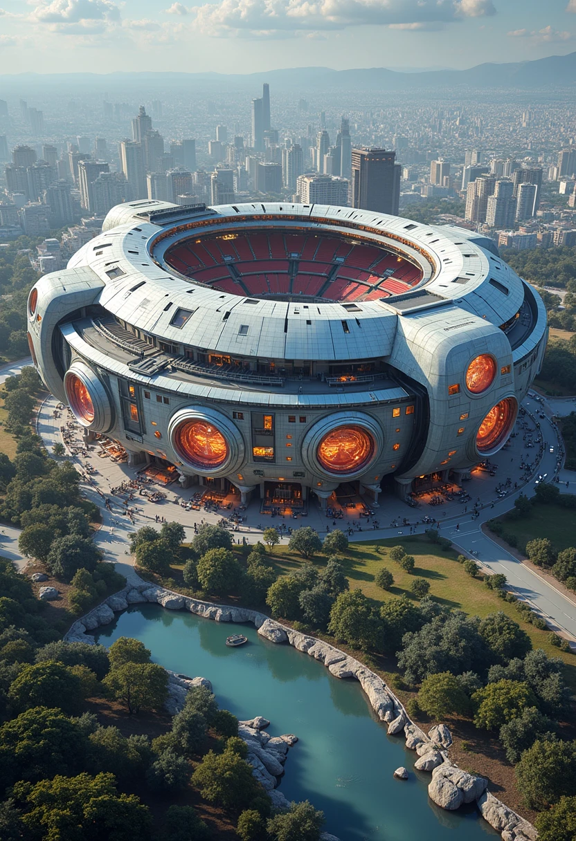 YFG-Rounded A sprawling futuristic sports arena shaped like a giant ring, its retractable roof forming a perfect circle when closed, surrounded by swirling LED advertisements.