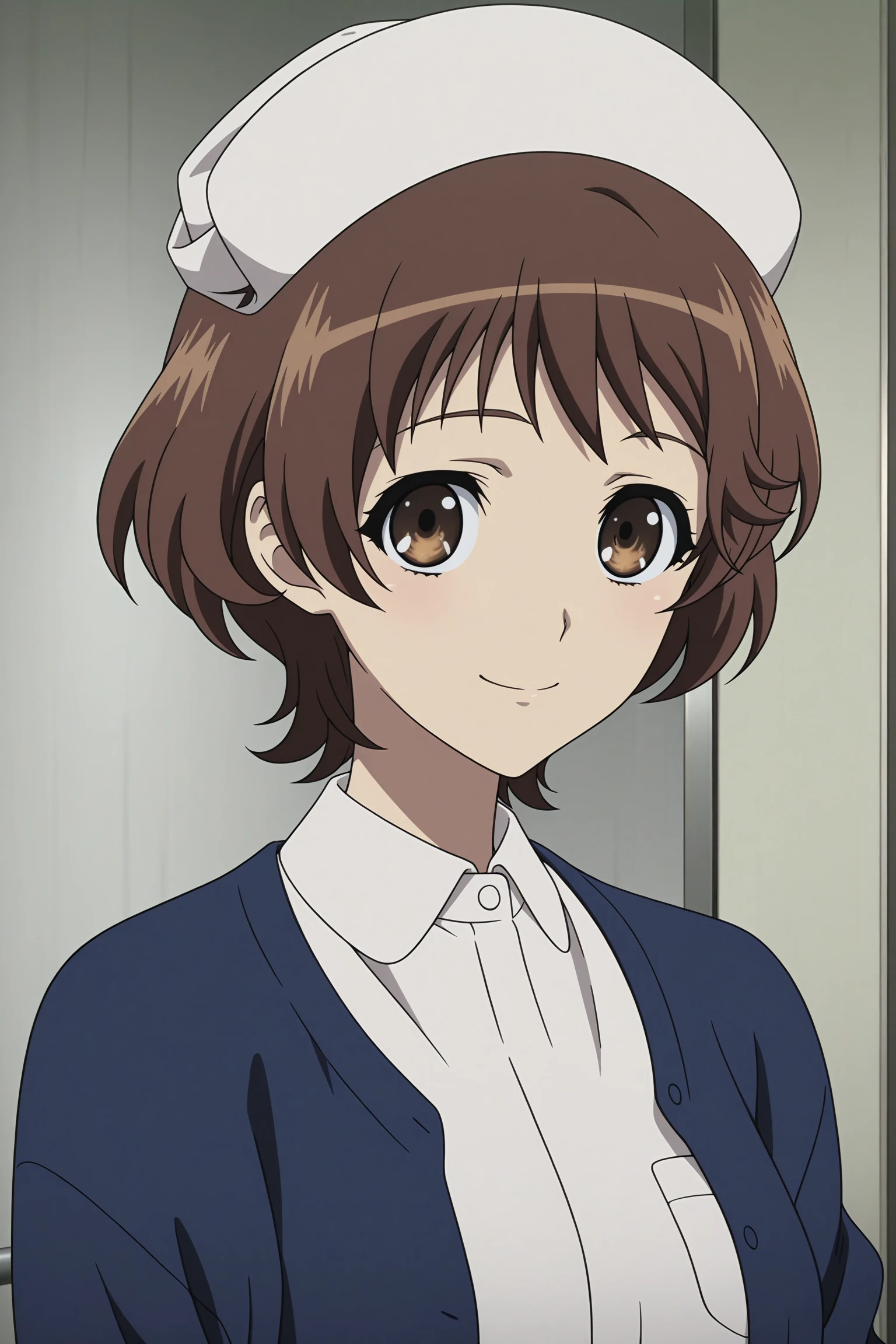 masterpiece, best quality, amazing quality, highres, absurdres, very aesthetic, high resolution, ultra detailed, perfect details, 1girl, solo, indoors, hospital, mizuno sanae, brown hair, short hair, brown eyes, nurse, nurse cap, blue cardigan, open cardigan, white shirt, collared shirt, long shirt, wristwatch, sandals, <lora:Sanae_Mizuno_ILXL:0.8>, (aged up:1.4), (portrait:1.6), (anime coloring:1.2), (anime screencap:1.2), looking at viewer, smile, (vignetting:1.6)