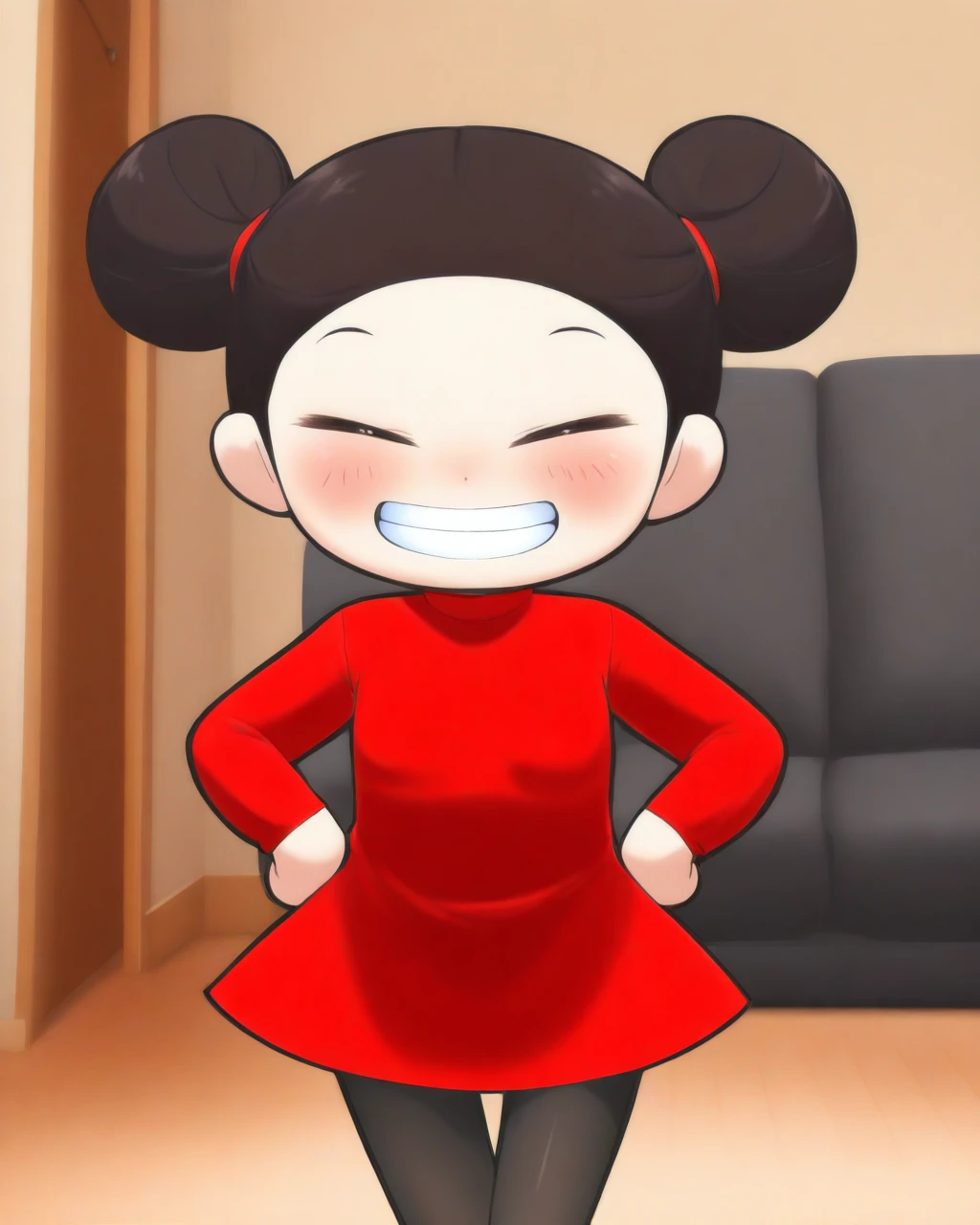 masterpiece, best quality, chibi, 1girl, solo, pucca, red dress, black pantyhose, grin, blush, hands on own hips, looking away, walking, cowboy shot, living room