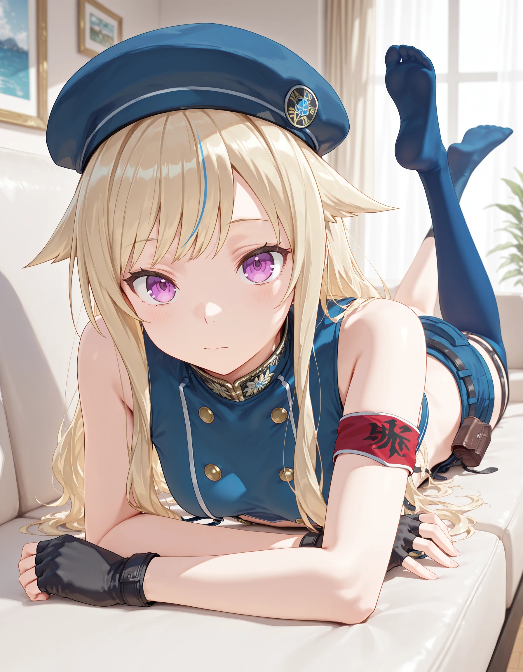 masterpiece, best quality, amazing quality,1girl, solo, indoors, couch, on stomach, feet up, looking at viewer,
<lora:Suzuki_Hina_Illustrious:1> suzuki hina, blonde hair, long hair, streaked hair, hair flaps, purple eyes, skinny, small breasts, , hat, beret, blue thighhighs, blue crop top, fingerless gloves, midriff, single thighhigh, sleeveless, suspender shorts, thigh straps, belt, pouch, single armband, no shoes,
