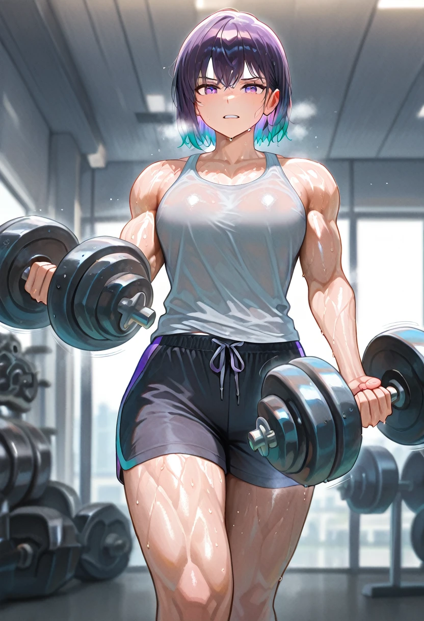 1girl,
muscular, muscular female,
shorts, tank top,
exercising,
sweat, sweatdrop, heavy breathing, wet, wet hair,
two dumbbells, (oversized dumbbell:2.0), dumbbell, holding dumbbell,
indoors, gym,
colorful, shiny skin,
masterpiece, best quality, amazing quality, very aesthetic, absurdres, newest, scenery, (volumetric lighting:1.1), depth of field <lora:Two_Dumbbells:1>