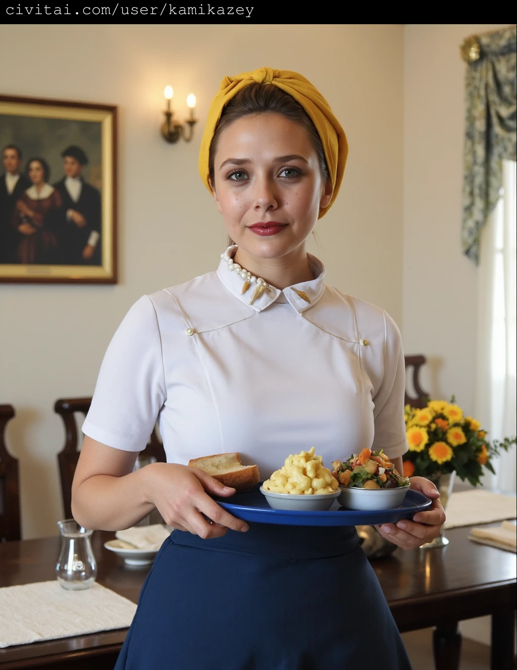 elizabeth_olsen with light skin and brown hair, wearing a white uniform with short sleeves and a blue apron. She stands indoors, in what appears to be a dining room or kitchen, holding a tray with a blue base. The tray contains a round slice of bread, a bowl of creamy yellow macaroni salad, and a bowl of what looks like a mixed vegetable salad. She wears a yellow headscarf and a string of white pearls around her neck. 
In the background, there is a wooden dining table with a vase of yellow flowers and two glasses. The room has white walls, and a large framed painting depicting a group of people in a historical setting hangs on the left side of the wall. The painting shows a group of men and women in formal attire, possibly from the early 20th century, engaged in a social gathering. The room has a warm, inviting ambiance, with soft, natural light streaming in from the window on the right, illuminating the room and casting a gentle glow. The overall setting suggests a cozy, homely environment.