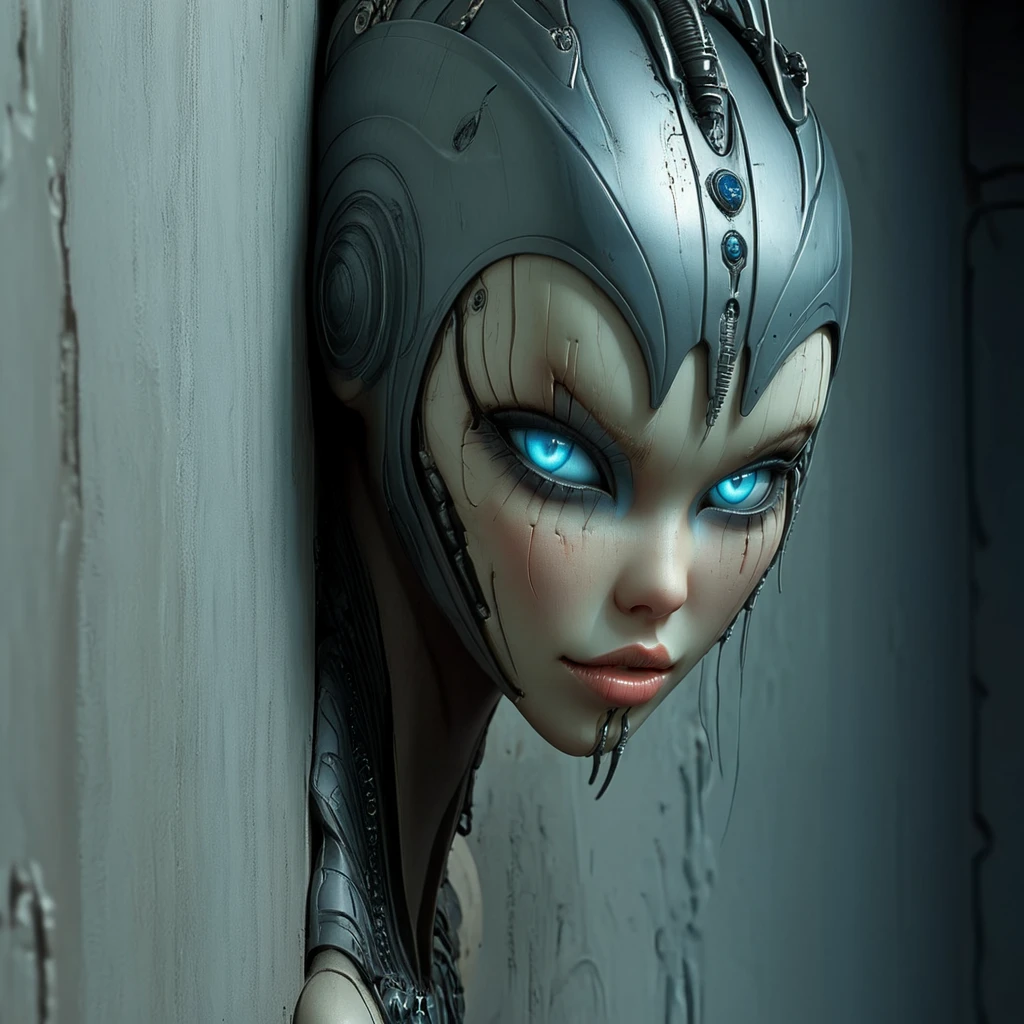 <lora:Eldritch_Sci-FiSDXL:1> ArsMJStyle, Eldritch Sci-Fi, The image shows a woman with blue eyes and a metal headpiece leaning against a wall. Her face is animated and her eyes are a piercing blue., 1girl, solo, blue eyes, looking at viewer, android, lips, glowing eyes, portrait, against wall, helmet
