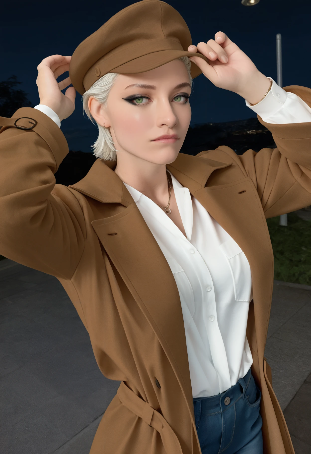 masterpiece, best quality, newest, absurdres, highres, realistic, photorealistic, cowboy shot, dark, outdoors, night, closed mouth, looking at viewer, 1girl, solo, brititcerknfelle, short hair, white hair, hair slicked back, green eyes, black eyeshadow, black eyeliner, brown newsboy cap, brown trench coat, white shirt, jeans, adjusting headwear, 
<lora:brittenelle fredericks:1>