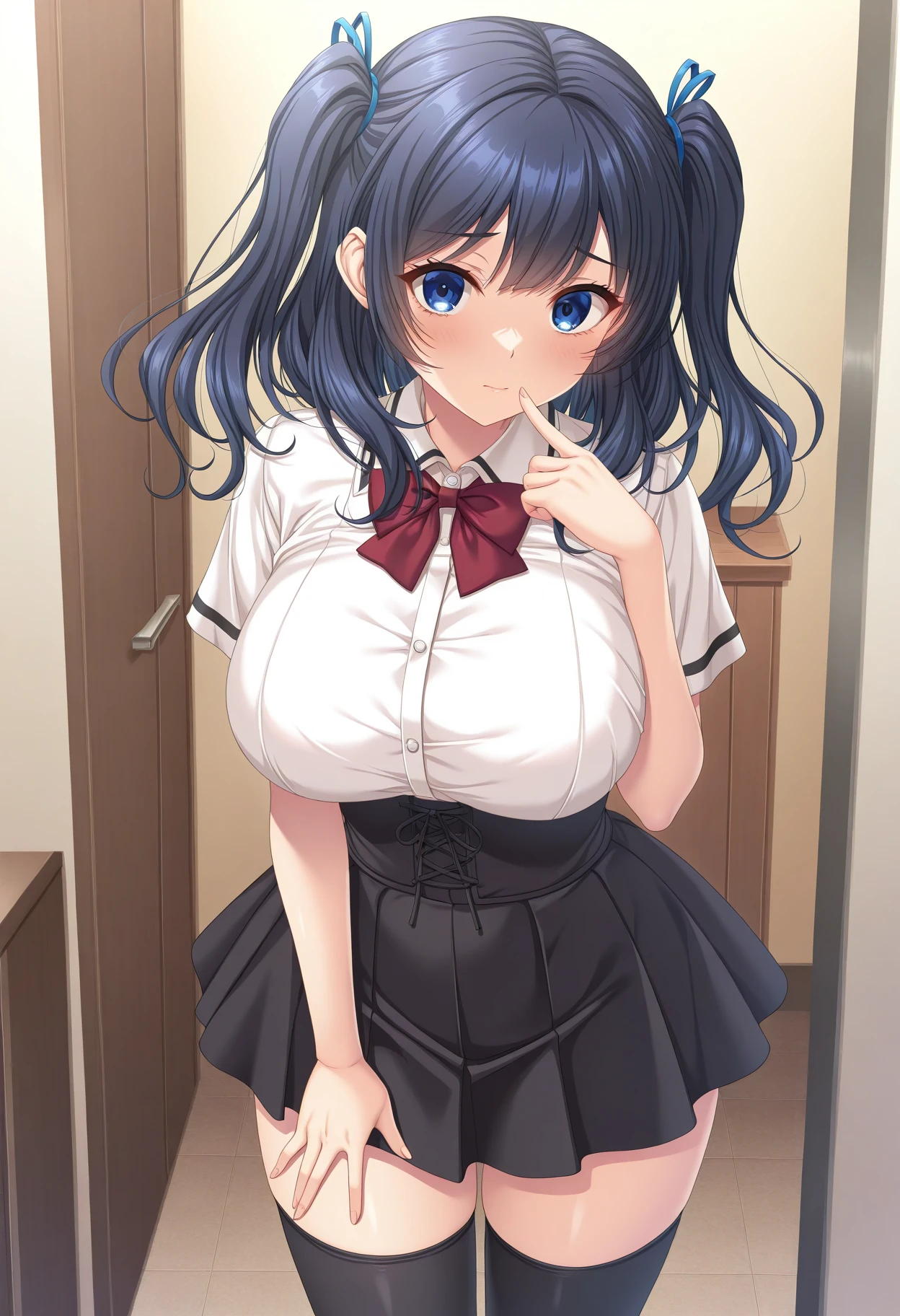 ((best quality)), ((masterpiece)), ((detailed)), (((perfect face))), (((slender 18yo teenage girl))), ((((medium breasts)))), ((((topless)))), ((((dark blue pleated skirt)))), ((dark brown hair)), ((short ponytail)), (((blue eyes))), ((shy:1.3)), ((blushing:1.5)), (((bare chest))), ((bare stomach)), ((bare shoulders)), (((bare arms))), (((walking))), ((((interior school corridor)))), (((walking))), (((shy arms))), (((looking at viewer))), (((holding laptop bag))), ((((detailed background))))