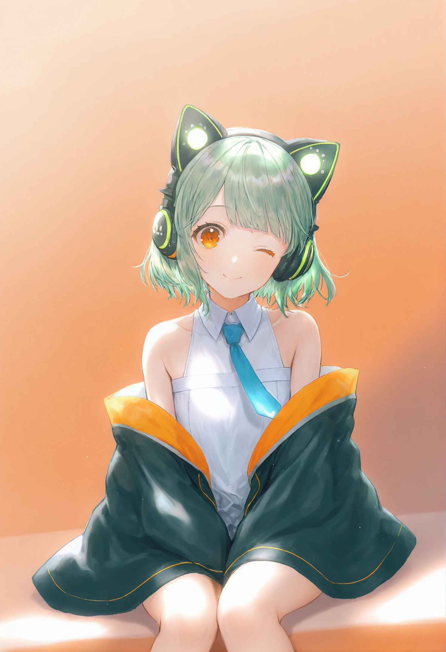 headphones, 1girl, solo, one eye closed, green hair, short hair, animal ears, animal ear headphones, smile, fake animal ears, orange eyes, bare shoulders, sitting 
,best quality,very aesthetic,absurdres
 <lora:æè±lokr_for_illustrious-000145:0.95>