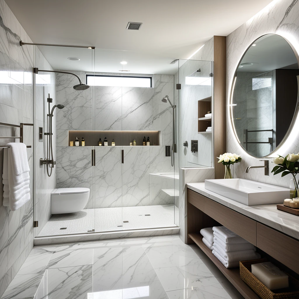 A luxurious glass shower in the interior of a 5-star hotel bathroom. The shower is spacious with floor-to-ceiling glass panels framed in polished chrome. The walls are covered in elegant white marble with subtle grey veining, giving a sophisticated and clean aesthetic. The floor inside the shower features small mosaic tiles in shades of white and silver, adding texture and refinement.
A rainfall showerhead is mounted on the ceiling, crafted from brushed stainless steel, along with a sleek handheld shower on the side wall. Built-in recessed shelving holds neatly arranged high-end toiletries and folded white towels. Soft warm lighting emanates from concealed LED strips, highlighting the reflective surfaces and creating an inviting ambiance.
The shower door is slightly ajar, revealing a fluffy white bathrobe hanging on a nearby hook. Beyond the glass shower, the rest of the bathroom features large-format marble tiles and a floating vanity with a quartz countertop. The atmosphere is serene, modern, and opulent, evoking a sense of calm and indulgence.
<lora:SDXLFaeTastic2400:0.4> <lora:extremely_detailed:0.4> extremely detailed, Masterpiece,best quality,hi res,8k,hi res,8k,award winning,(sharp focus, intricate, highly detailed),