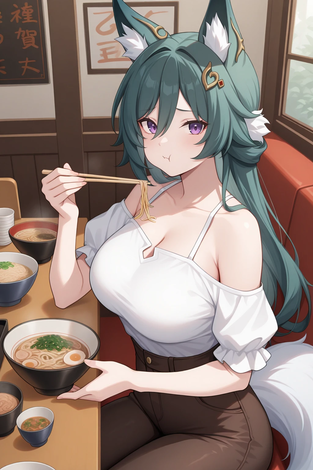 masterpiece, best quality, looking at viewer, :t, 1girl, ykng, fox ears, fox tail, green hair, hair between eyes, purple eyes, large breasts, hair ornament, casual, off-shoulder shirt, high-waist pants, pantyhose, holding chopsticks, eating, indoors, restaurant, bowl, noodles, <lora:Hoseki_HonkaiStarRail_Yukong_IllustriousXL_v1:1>