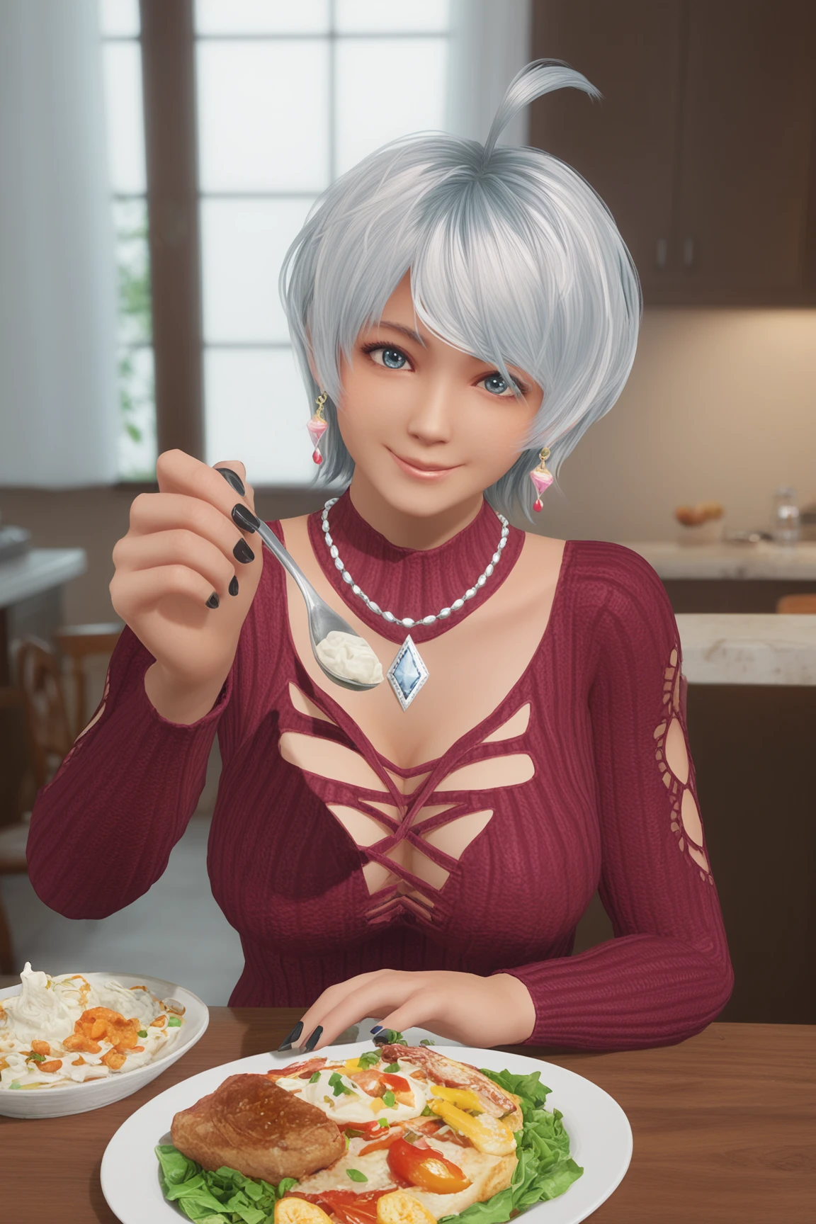 score_9,score_8,score_7_up, realistic,indoors,kitchen,dinner,dinner table,feeding,
patty \(doa\), 1girl, solo,looking at viewer,seductive_smile,sitting, across table,holding spoon, 
short hair, antenna hair, ahoge, hair over one eye, 
jewelry, necklace, pendant, diamond necklace, earrings, pink and blue teardrop earrings, 
breasts, large breasts, partial bare shoulders, fingernails, black nails, nail polish, sweater dress, firebrick sweater dress, cleavage, cleavage cutout, clothing cutout, long sleeves, knot, knot on clothes, thighhighs, garter straps, lace-trimmed legwear, cowboy shot, upper body,
 <lora:feeding_Pony_v1:0.8> <lora:doa_patty_pdxl_v10-000004:0.8>