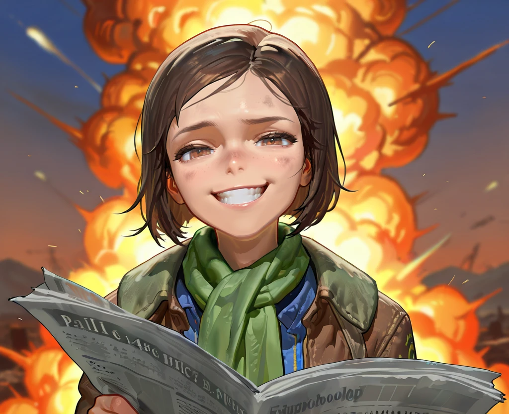 masterpiece, 1440p, 8k, UHD, amazing quality, high resolution,   <lora:Nat_Wright_Illustrious:1> NatWright, Fallout4, 1girl, solo, brown hair, short hair, jacket, green scarf, pink skirt, looking at viewer, upper body, newspaper in hand, reading newspaper, smug, grin, mushroom cloud, explosion