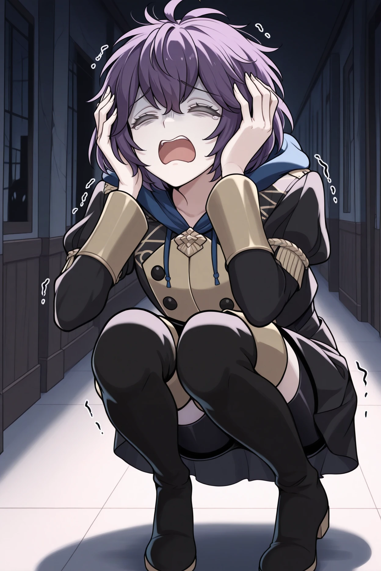 masterpiece, best quality, 1girl, solo <lora:febernadetta-illu-nvwls-v1-000006:1> dfbndta, purple hair, messy hair, hair between eyes, grey eyes, black jacket, blue hood, hood down, black buttons, black skirt, shorts under skirt, black boots, thigh boots, hallway, dark building, dark, indoors, scared, closed eyes, hands on own head, pale face, squatting, trembling, open mouth