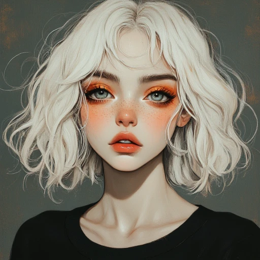 A striking portrait of a young woman with ethereal white hair, styled in soft, tousled waves. Her delicate face features sharp cheekbones, a slightly parted mouth with vibrant orange lips, and a captivating gaze from light gray-green eyes framed by bold lashes and fiery orange eyeshadow. Freckles scatter across her pale, flawless skin, adding an organic charm. The background is a muted dark tone, which contrasts dramatically with her luminous appearance. The composition emphasizes her surreal beauty, combining elements of realism and painterly texture, evoking a modern, dreamlike aesthetic. She wears a simple black top, further accentuating the focus on her expressive features. The overall style blends contemporary digital portraiture with subtle influences of traditional oil painting techniques