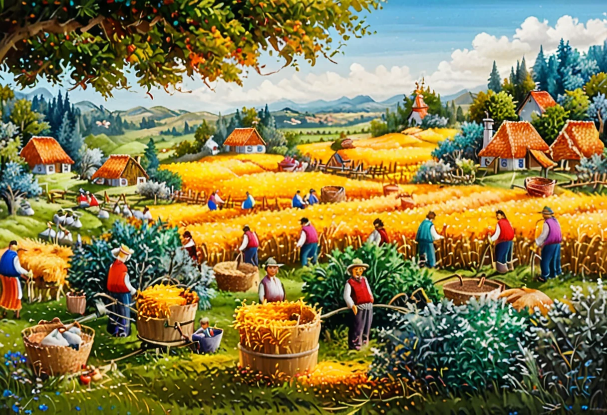 dr4g4n, style of dr4g4n,,A colorful and vibrant naÃ¯ve art painting of several men harvesting hay in a wide-open field under a bright, sunny sky. The men are depicted with simplified, almost childlike features, wearing straw hats, plain shirts, and pants, each holding tools like scythes or pitchforks. The golden hay, green grass, and blue sky are rendered in bold, saturated colors with minimal shading. In the background, a wooden cart piled high with hay is pulled by oxen, while small cottages and trees dot the horizon. The composition is lively and cheerful, with exaggerated proportions and a playful sense of perspective that emphasizes the rural sceneâs warmth and simplicity. <lora:dr4g4n:1>,<lora:SDXLFaeTastic2400:0.4> <lora:extremely_detailed:0.4> extremely detailed, Masterpiece,best quality,hi res,8k,hi res,8k,award winning,(sharp focus, intricate, highly detailed),