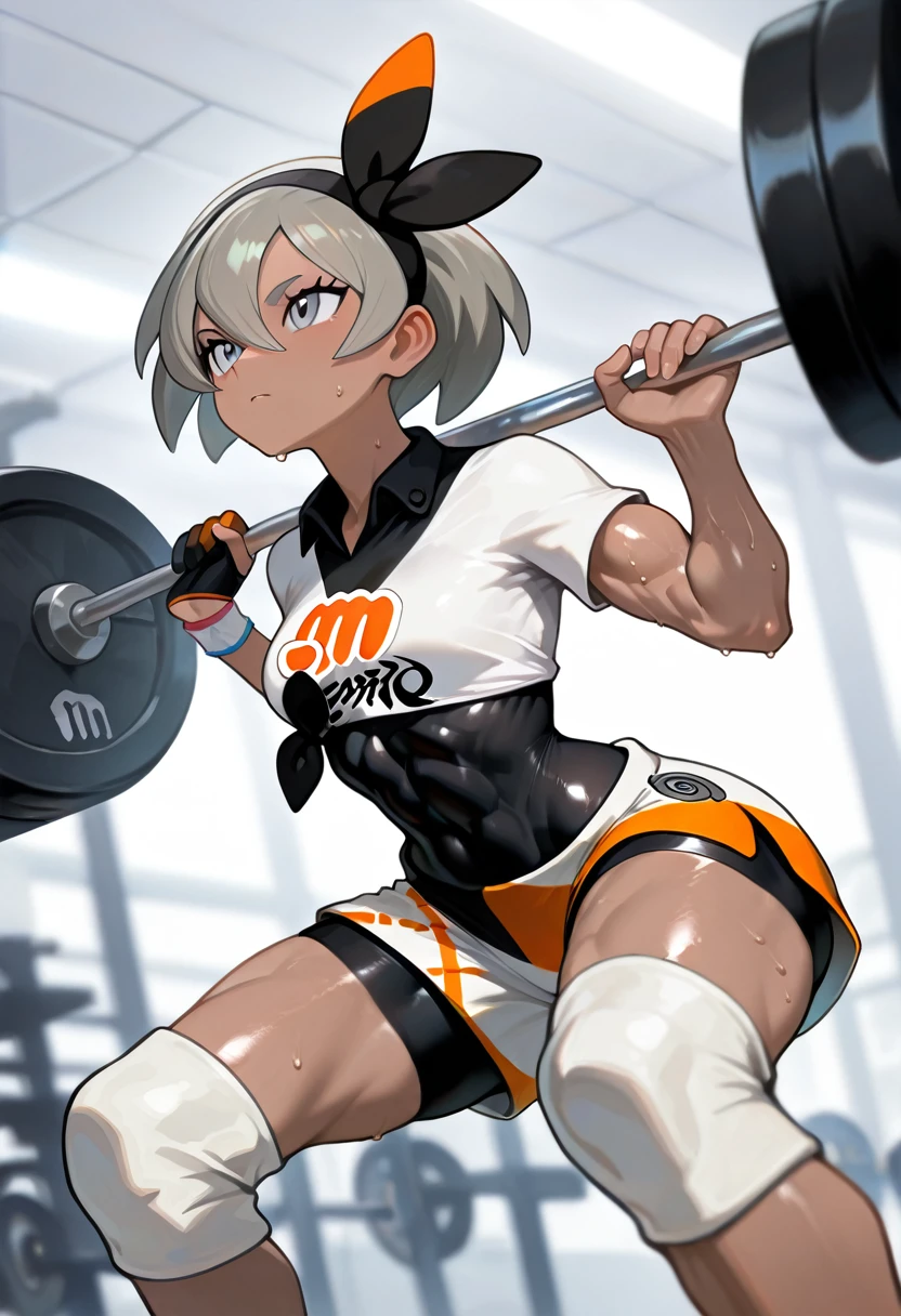 1girl, bea \(pokemon\), grey eyes, grey hair, dark-skinned female, hair between eyes, bangs, short hair, solo, 
collared shirt, print shirt, tied shirt, short sleeves, shorts, black bodysuit, bodysuit under clothes, black hairband, single glove, partially fingerless gloves, covered navel, knee pads, 
muscular, abs, covered navel, muscular female, 
barbell squat, dynamic pose, 
gym, indoors, 
colorful, shiny skin, 
masterpiece, best quality, amazing quality, very aesthetic, absurdres, newest, scenery, (volumetric lighting:1.1), depth of field <lora:Barbell_Squat:1>