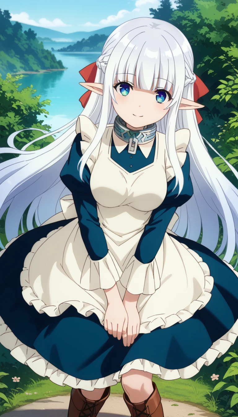 score_9, score_8_up, score_7_up, BREAK source_anime,  elf, pointy ears, blue eyes, white hair, long hair, medium breasts, metal collar, white dress, long sleeves, puffy sleeves, full body,