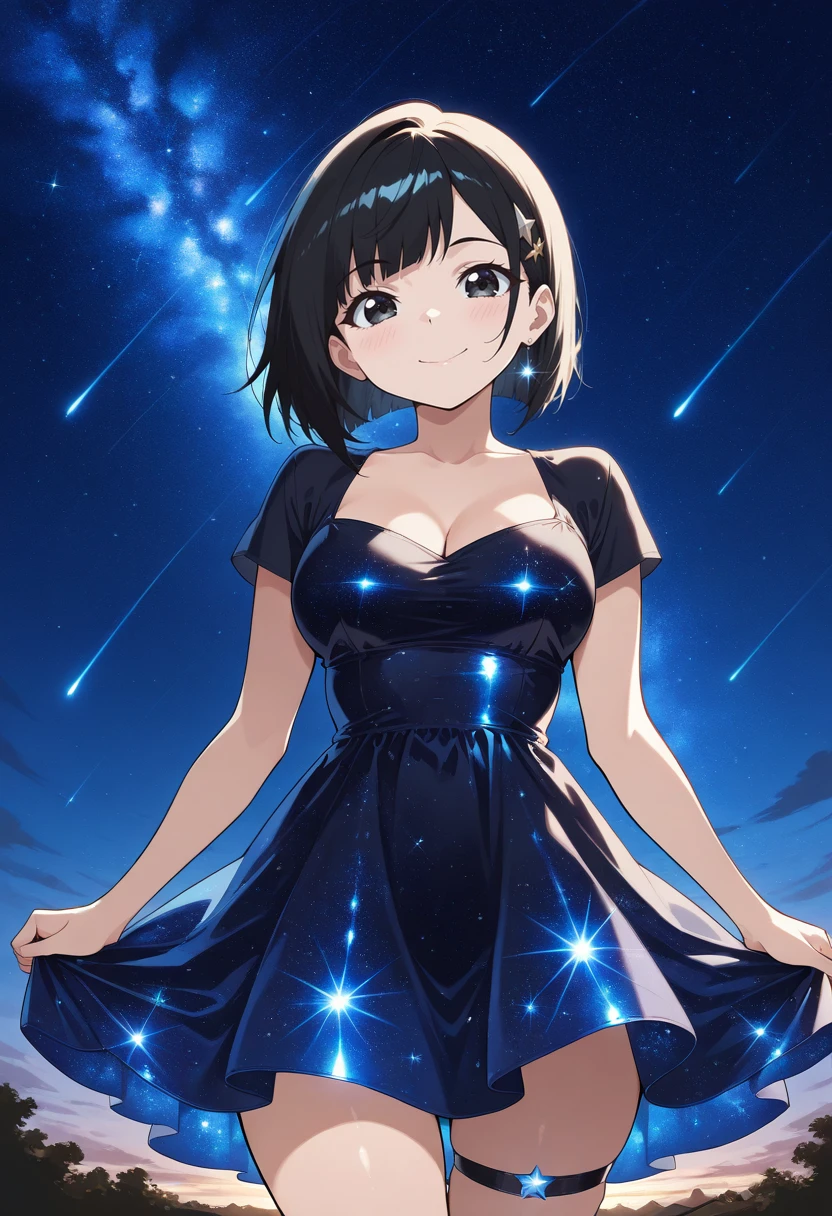 masterpiece,source_anime, best quality, perfect anatomy, very aesthetic, ((outlined outlined vector graphics)), source_anime, 1girl,20yo, black hair, black eyes, short bob hair, hair pin,mdeium breast, slender,(white thigh strap:1.1),(black clohtes:1.1),, outdoors, blush, cowboy shot, galaxy, gradient sky, glittering, glimmering, glowing , aetherical, looking at viewer, milky way,starry night, night, night sky, shooting star, sky, skyline, smile, solo, star \(sky\), star \(symbol\), starry background, starry sky, starry sky print,starrynightdress, starry night dress, black dress,,( short sleeve dress:1.2),see-though  <lora:starry-dress-il-01:1>