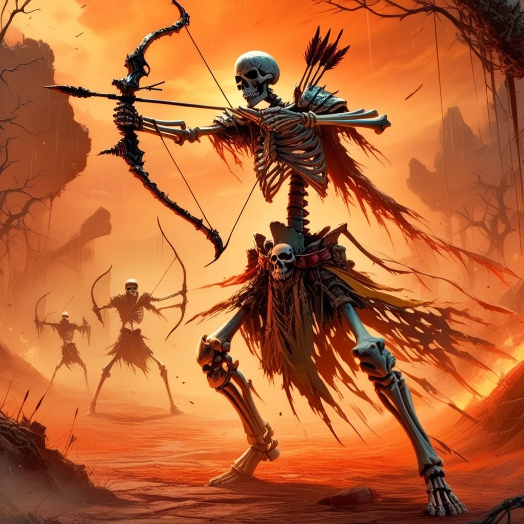 anime artwork skellies, skeletal warrior, aiming a longbow, fiery battlefield, raining ash, broken weapons, over-the-shoulder perspective, warm orange lighting, intense action, apocalyptic tone,  <lora:Skeletal Warriors- sdxl1.0:1> . anime style, key visual, vibrant, studio anime,  highly detailed