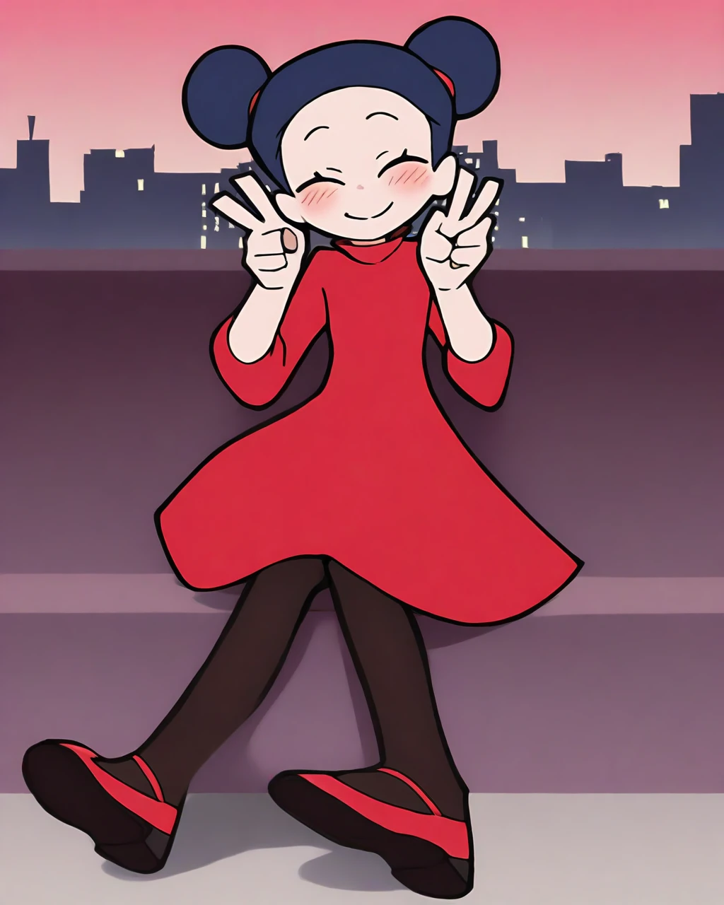 masterpiece, best quality, psg, , 1girl, solo, pucca, red dress, black pantyhose, smile, blush, double v, looking away, sitting, full body, city