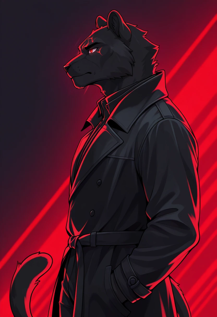 <lora:Lines_Light_Background_Illustration:1.0>, male, anthro, furry, panther, jet black fur, high-collared trench coat, side view, glowing red eyes, lines_light_background, serious expression, one paw in pocket, shadowy figure
