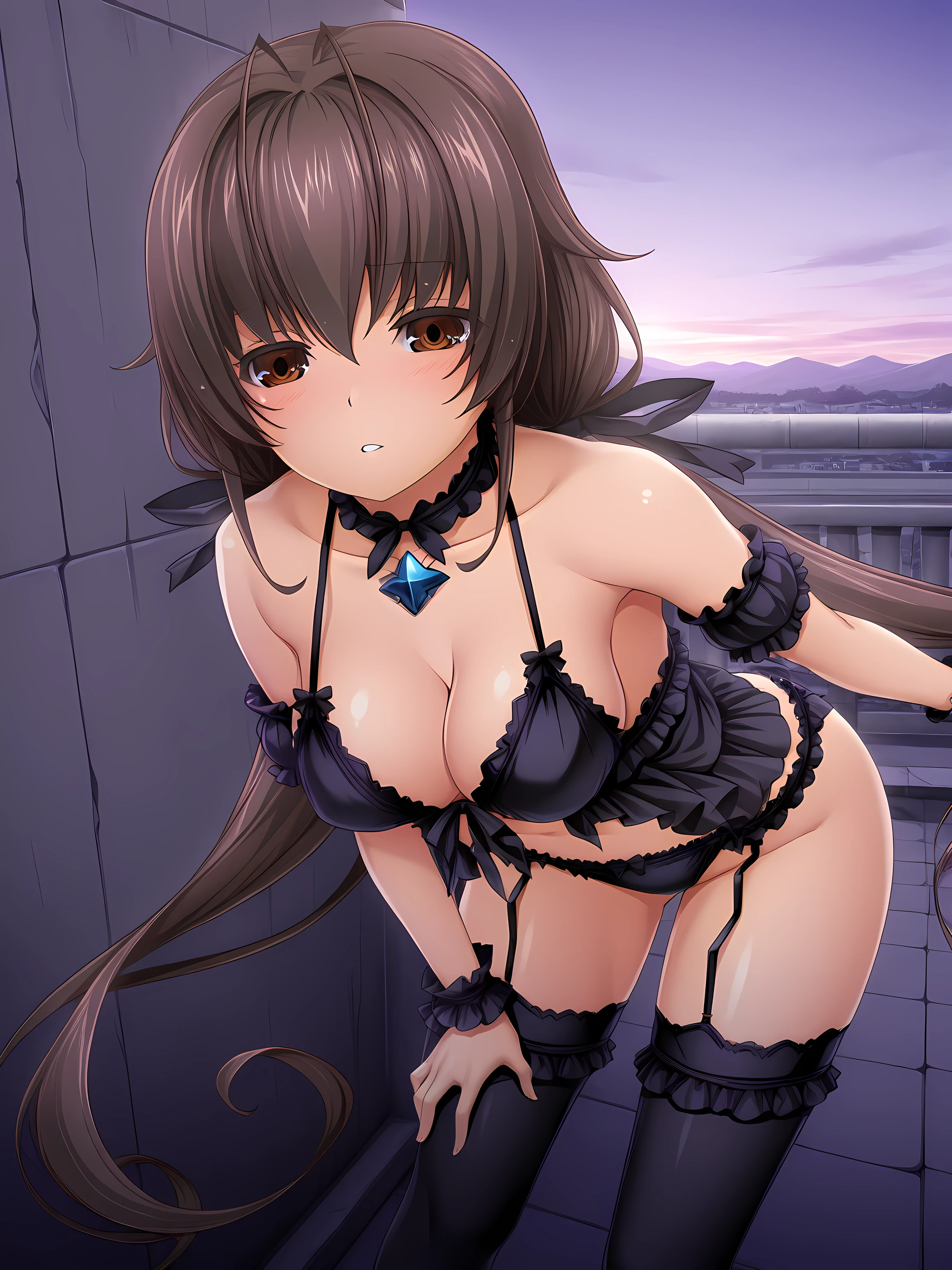 1girl,souma,inoino,lingerie outfit,<lora:Souma__Spica_-_Exs-Tia:1>,medium breasts,outstretched leg,leaning forward,hand on own leg,parted lips,outdoors,blush,, masterpiece,best quality,amazing quality,
