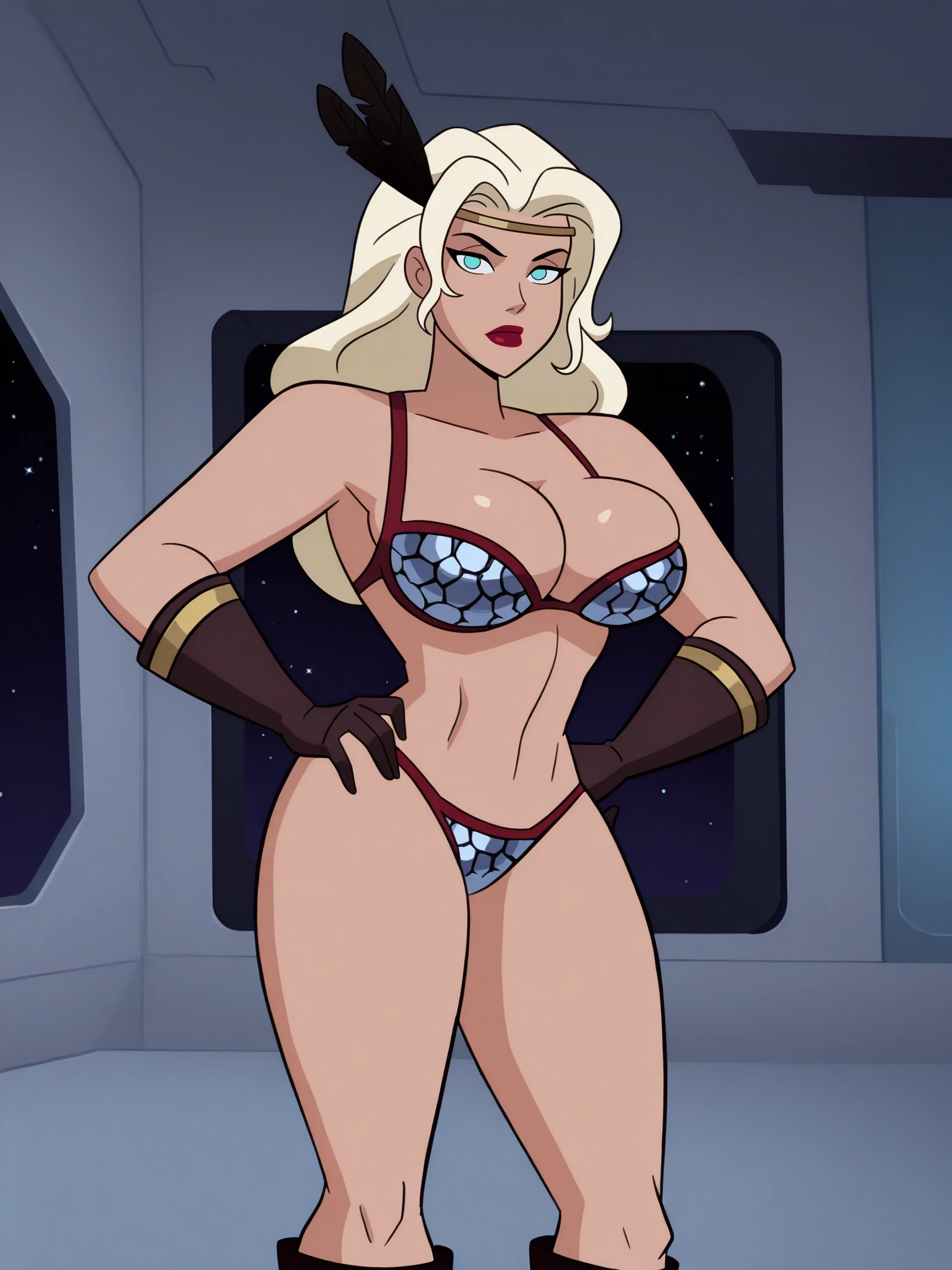 masterpiece, best quality, high quality, detailed, absurdres,
dcaustyle,
amazonill, 1girl, solo, blue eyes, large breasts, feathers, circlet, feather hair ornament,standing, cleavage, looking at viewer, hand on own hip,
bikini armor, boots,gloves, spacecraft interior, window, star \(sky\),
<lora:amazonill1-000003:1> , <lora:dcau234-illu3_r1:1>