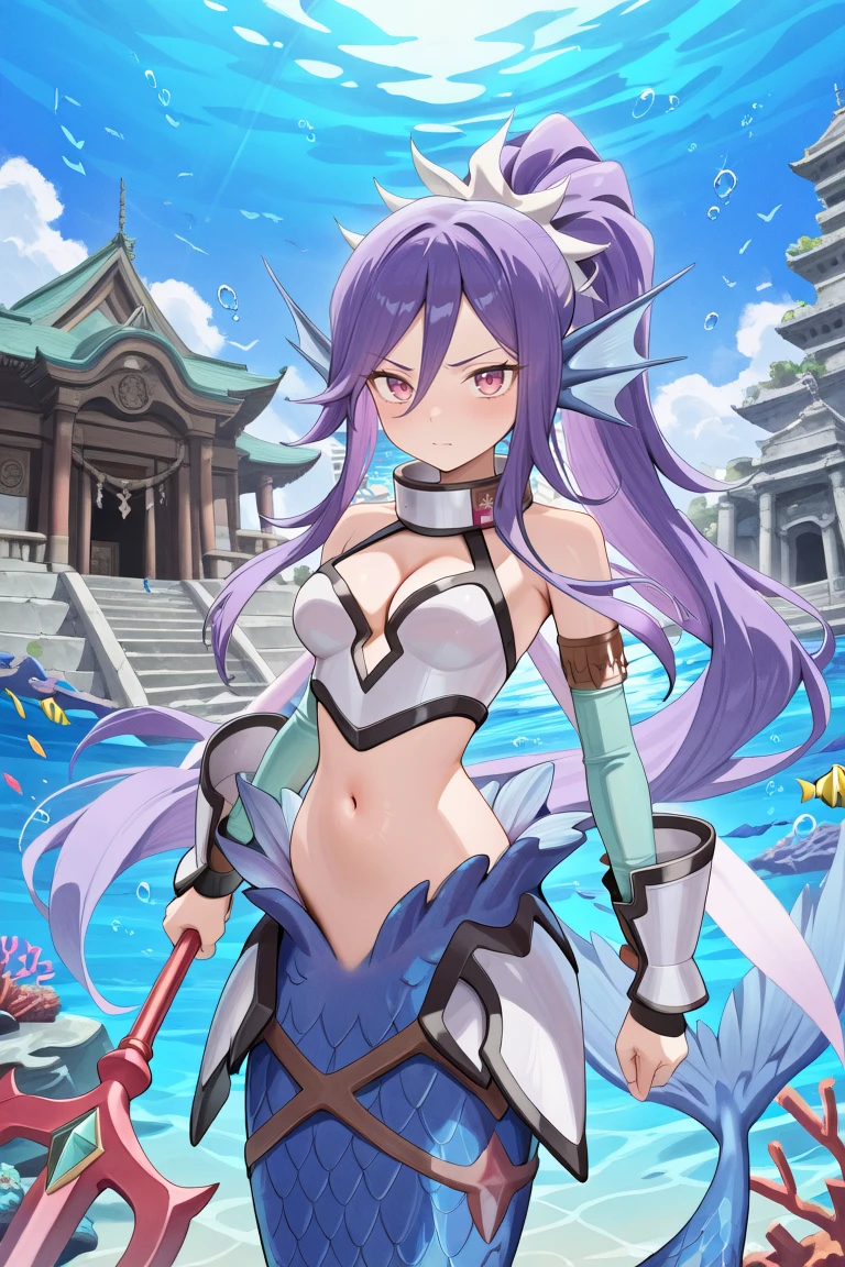 masterpiece, very aesthetic, absurdres, best quality, amazing quality, high resolution, <lora:illustrious_quality_modifiers_masterpieces_v1:0.8> , <lora:ChamIllustriousBackgroundEnhancer:0.5>, solo <lora:IshieneIL:0.8> , ishdef, 1girl, mermaid, mermaid tail, monster girl, pink eyes, long hair, very long hair, ponytail, high ponytail, purple hair, head fins, fins, blue scales, wings, spiked hairband, white hairband, white collar, armor, brown armband, vambraces, arm guards, cleavage, cleavage cutout, bare shoulders, aqua sleeves, detached sleeves, looking at viewer, cowboy shot, underwater, submerged, coral reef, ruins, serious expression, holding trident, trident, temple, ocean temple, ruins, fish,