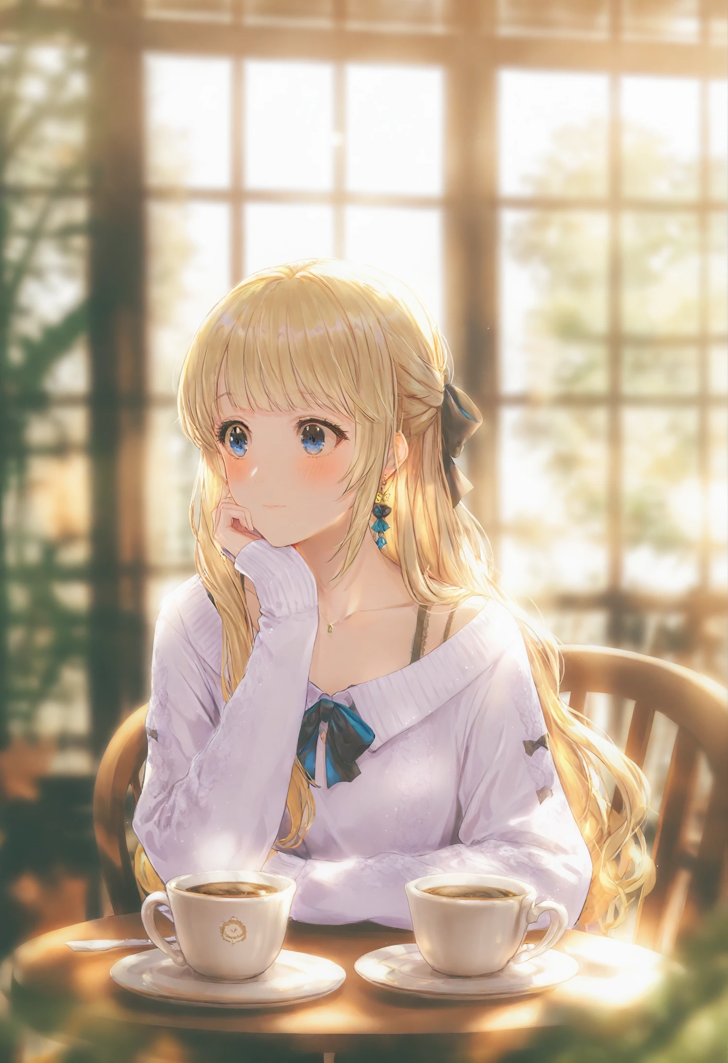 1girl, solo, cup, long hair, blonde hair, teacup, blurry, blue eyes, window, jewelry, earrings, saucer, collarbone, long sleeves, indoors, depth of field, blush, sitting, sweater, bra strap, table, looking outside, bow, sleeves past wrists, closed mouth, head rest, hair bow, coffee, cafe, sidelocks, upper body, bokeh, half updo, blurry background, chair, shirt 
,best quality,very aesthetic,absurdres
 <lora:æè±lokr_for_illustrious-000145:0.95>