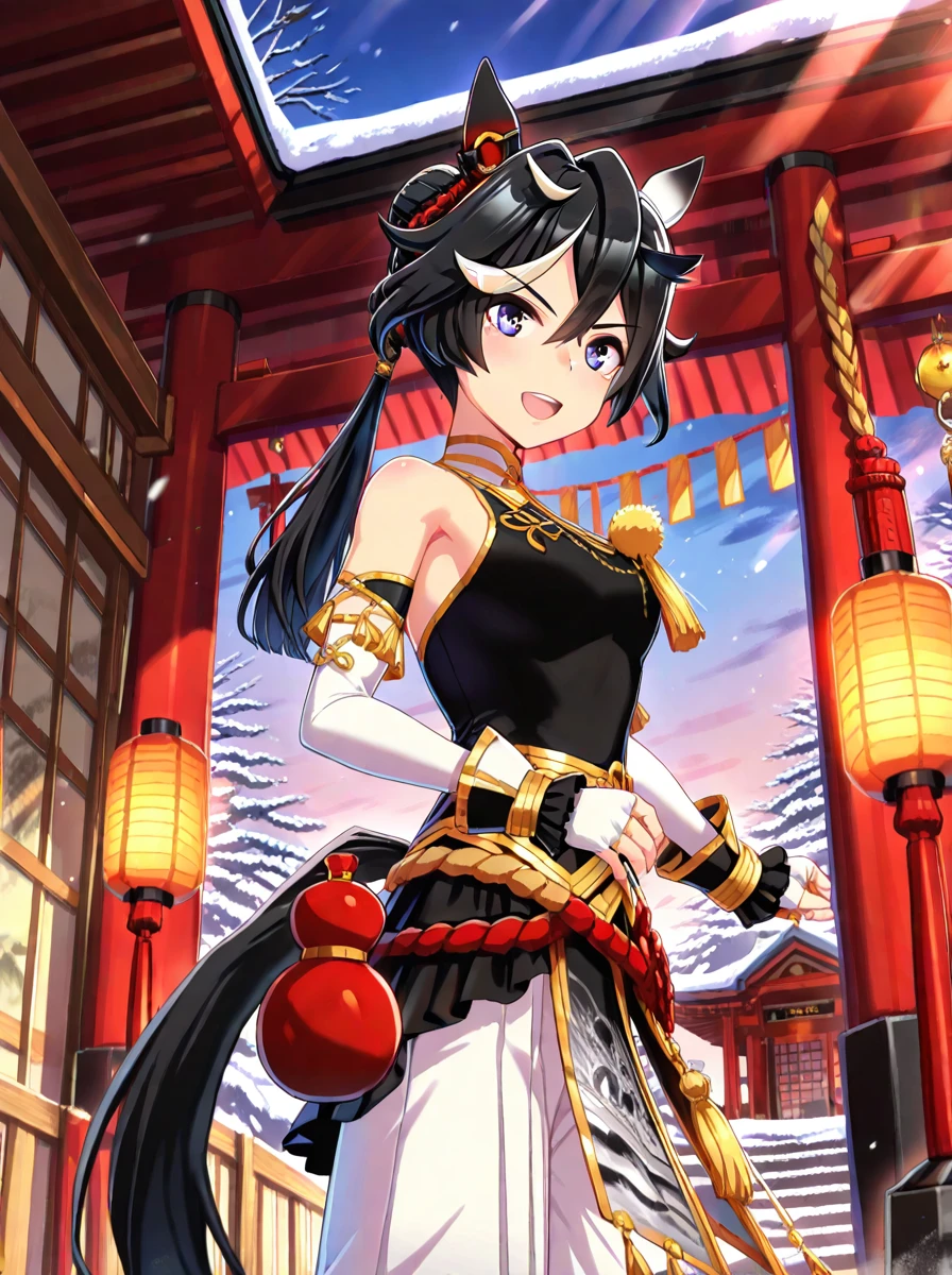 masterpiece, best quality,
katsuragi ace \(umamusume\), 1girl, horse ears, bare shoulders, looking at viewer, horse tail, fingerless white gloves, detached white sleeves, black gradation ear covers, white hakama, red gourd, official alternate hairstyle, high neck backless black dress, new year clothes
open mouth, big smile,cowboy shot
New Year shrine visit, traditional Japanese temple, torii gate covered in snow, visitors wearing kimonos, winter sky, ringing the bell, incense smoke rising, hanging ema plaques, sacred ropes and white paper streamers, lanterns glowing softly, prayers being made, snow-covered stone lanterns, serene and respectful atmosphere
light rays,lens flare,light particles,
 <lora:ILL_katsuragi_ace_ver1.01:1>