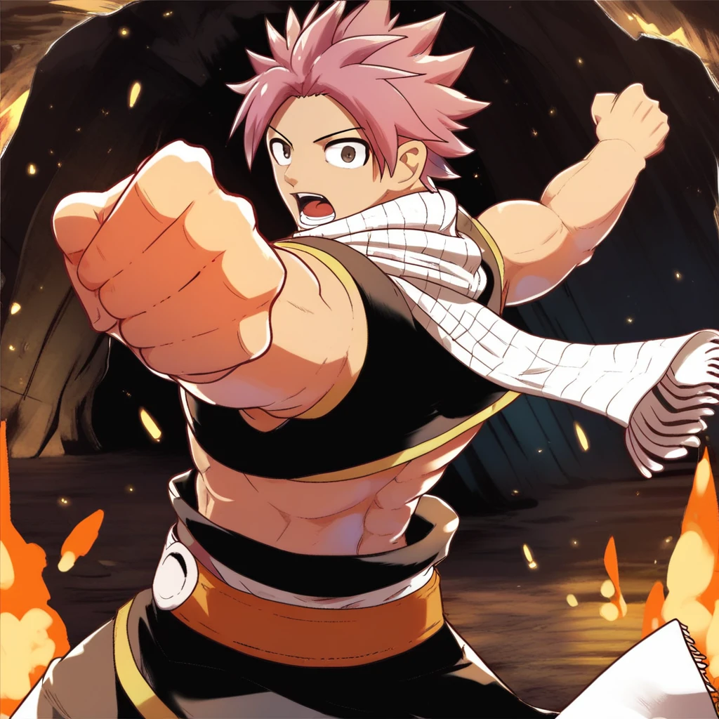 score_9, score_8_up, score_7_up, 1boy, solo, natsu_dragneel, open mouth, looking at viewer, bara, white scarf, belt, fist, fighting pose, look back, cave, dark, fire