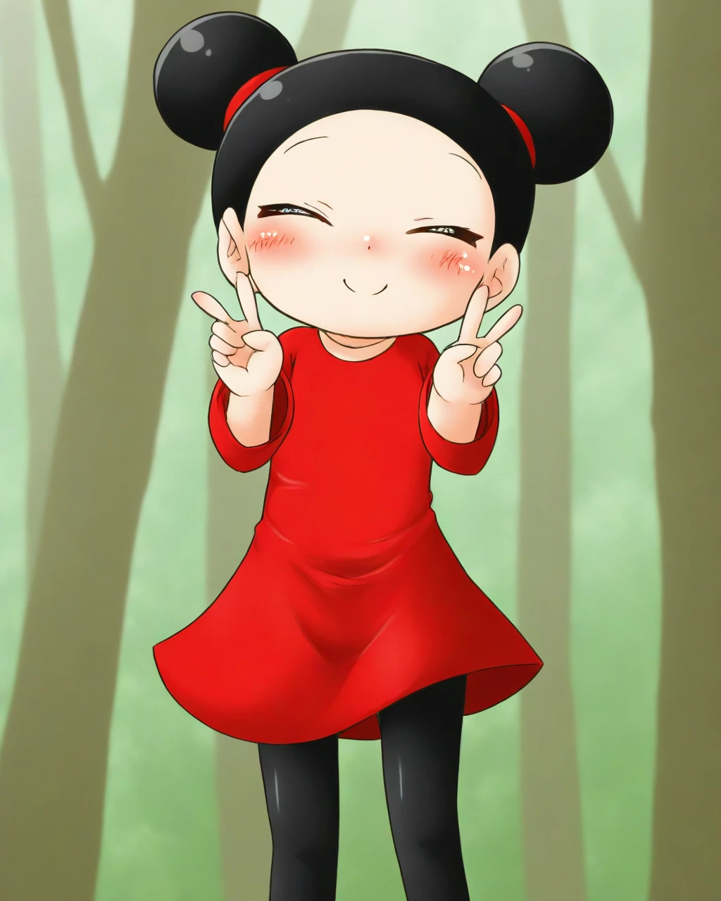 masterpiece, best quality, hoshinofuuta, chibi, 1girl, solo, pucca, red dress, black pantyhose, happy, blush, double v, looking away, sitting, cowboy shot, forest