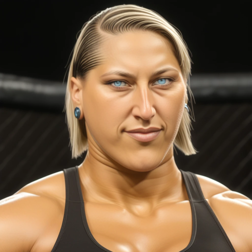 Russian woman with shaved head and brown Mohawk hairstyle, in red and black sports bra that says "OLIVIA", black and red high cut trunks, black elbow pads, black wristbands, photo realistic, intricate details